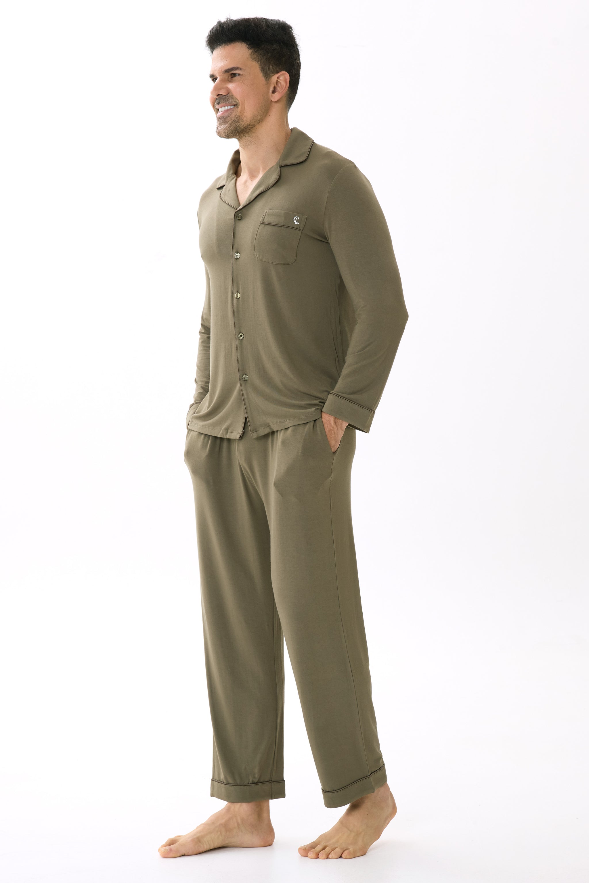 Olive Green Men’s Organic Bamboo Silk™ Pajama Set – Long Sleeve & Pants - Crescentt