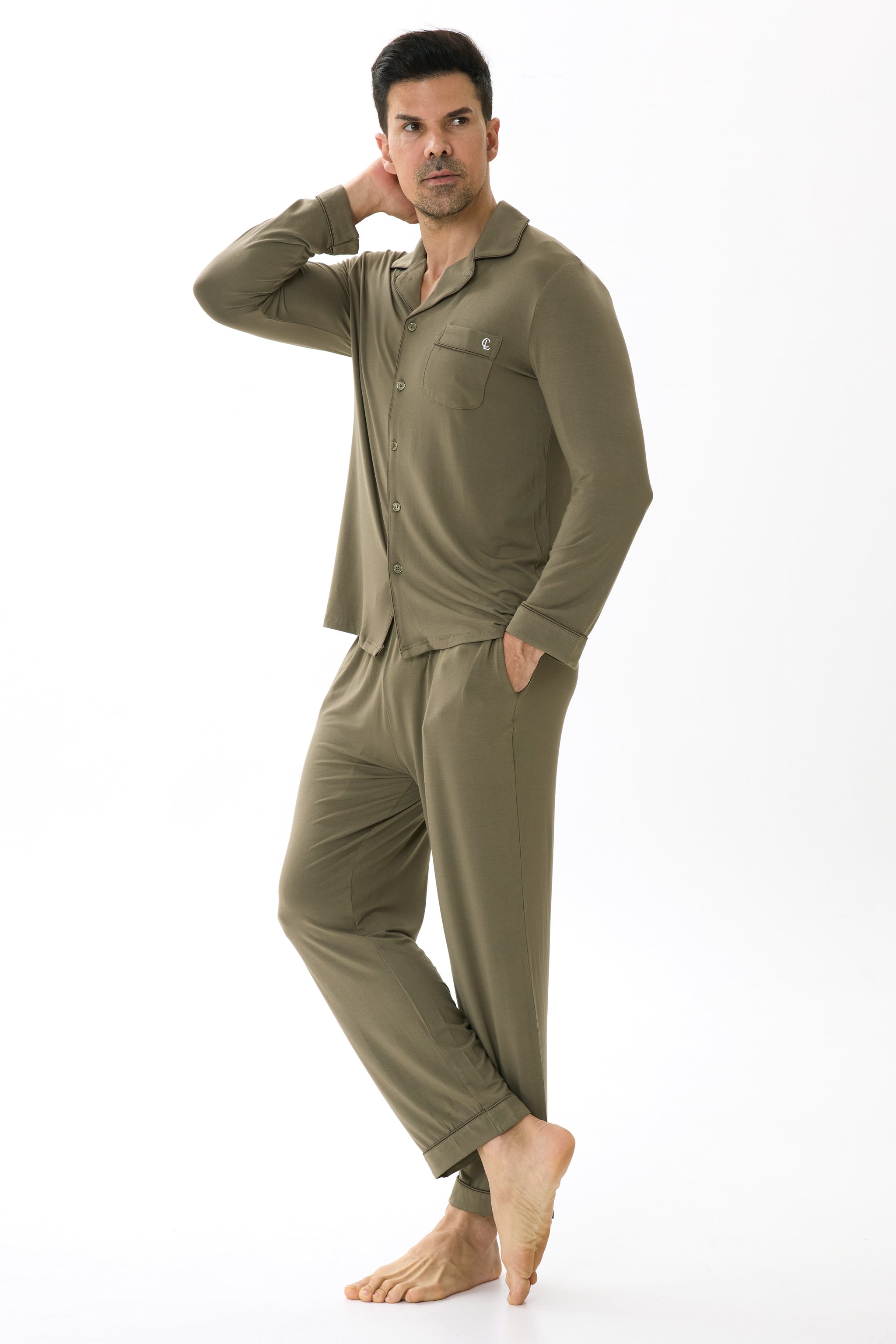 Olive Green Men’s Organic Bamboo Silk™ Pajama Set – Long Sleeve & Pants - Crescentt