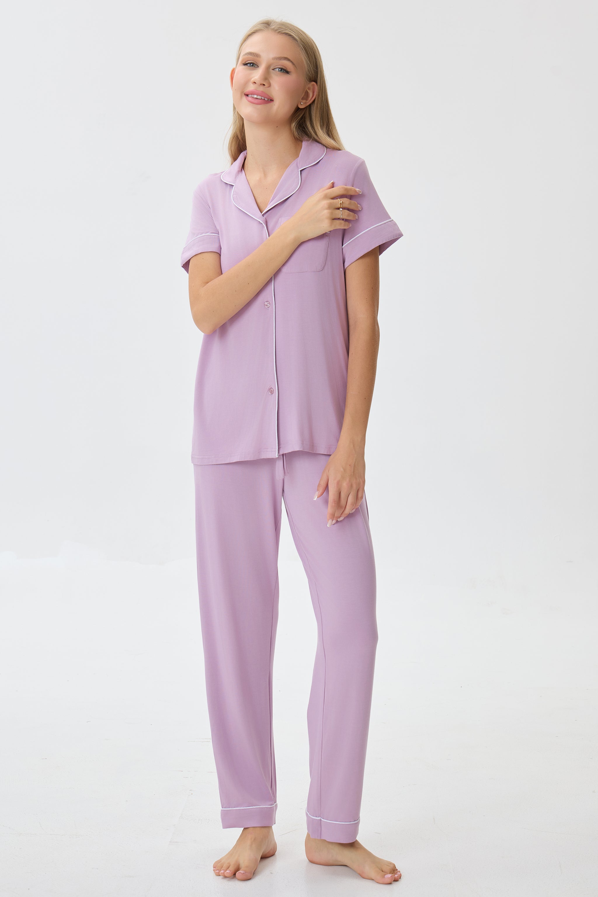 Petal Mauve Luxe Modal Silk™ Pajama Set – Short Sleeve & Pants - Crescentt
