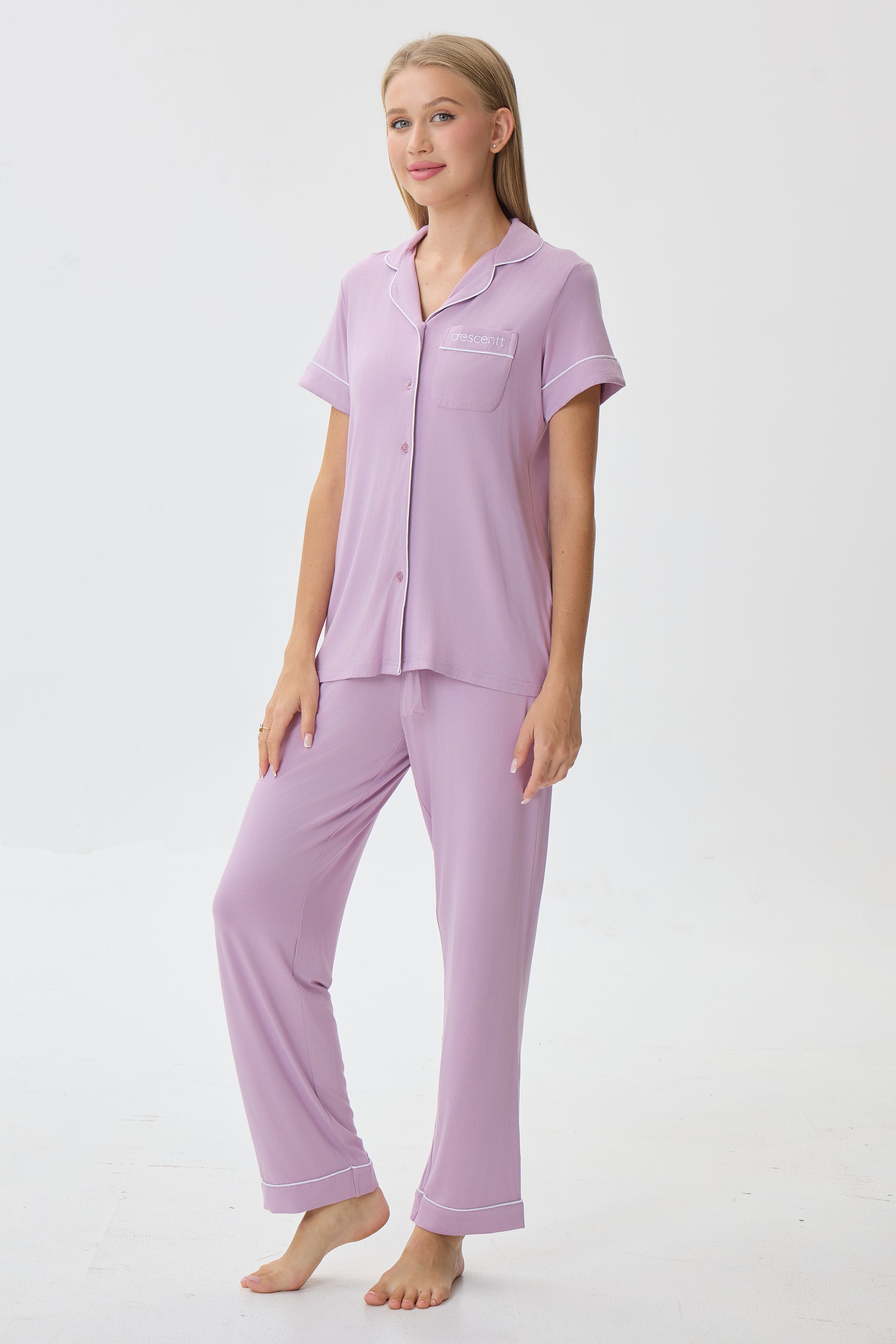 Petal Mauve Luxe Modal Silk™ Pajama Set – Short Sleeve & Pants - Crescentt