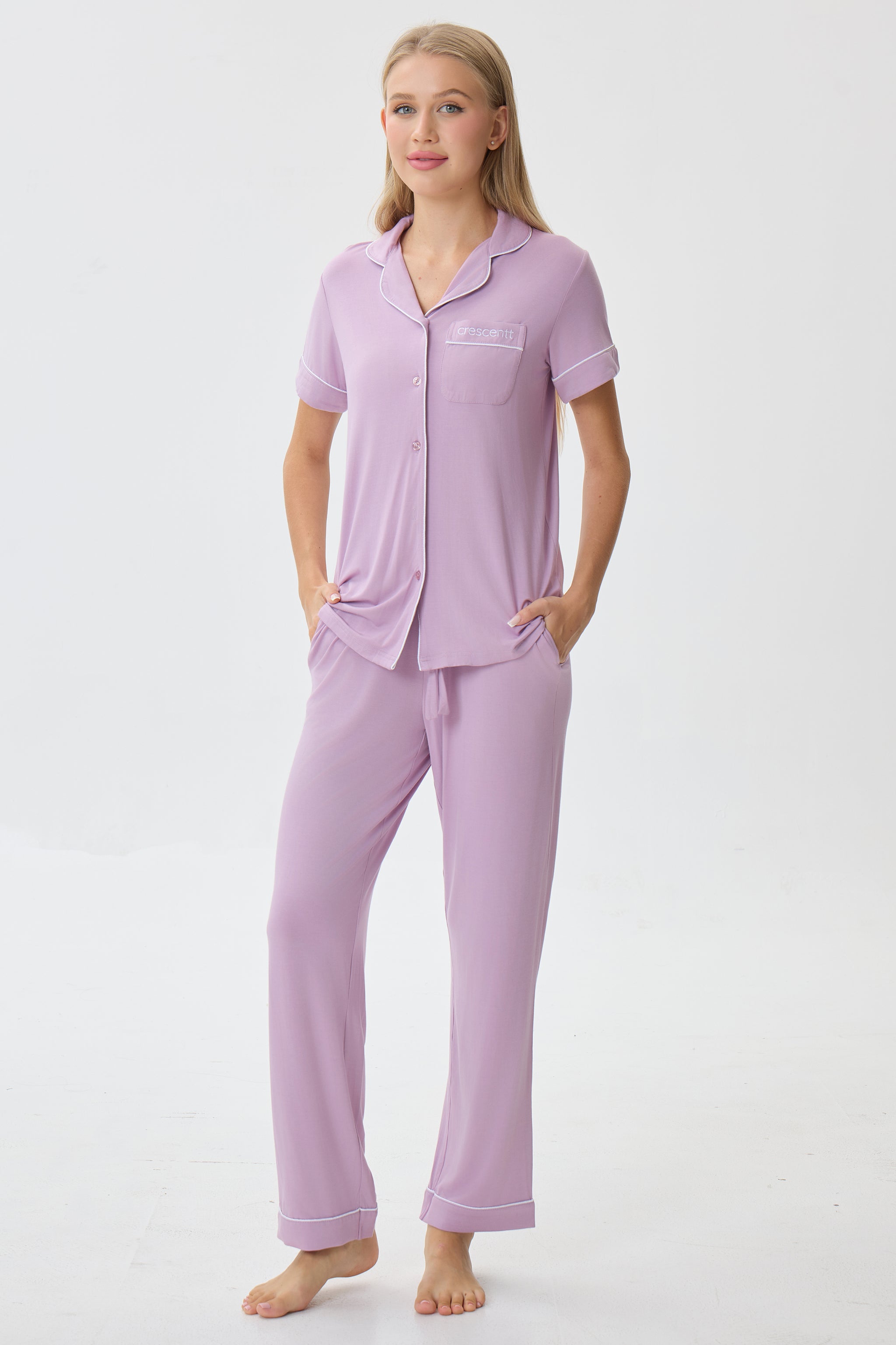 Petal Mauve Luxe Modal Silk™ Pajama Set – Short Sleeve & Pants - Crescentt