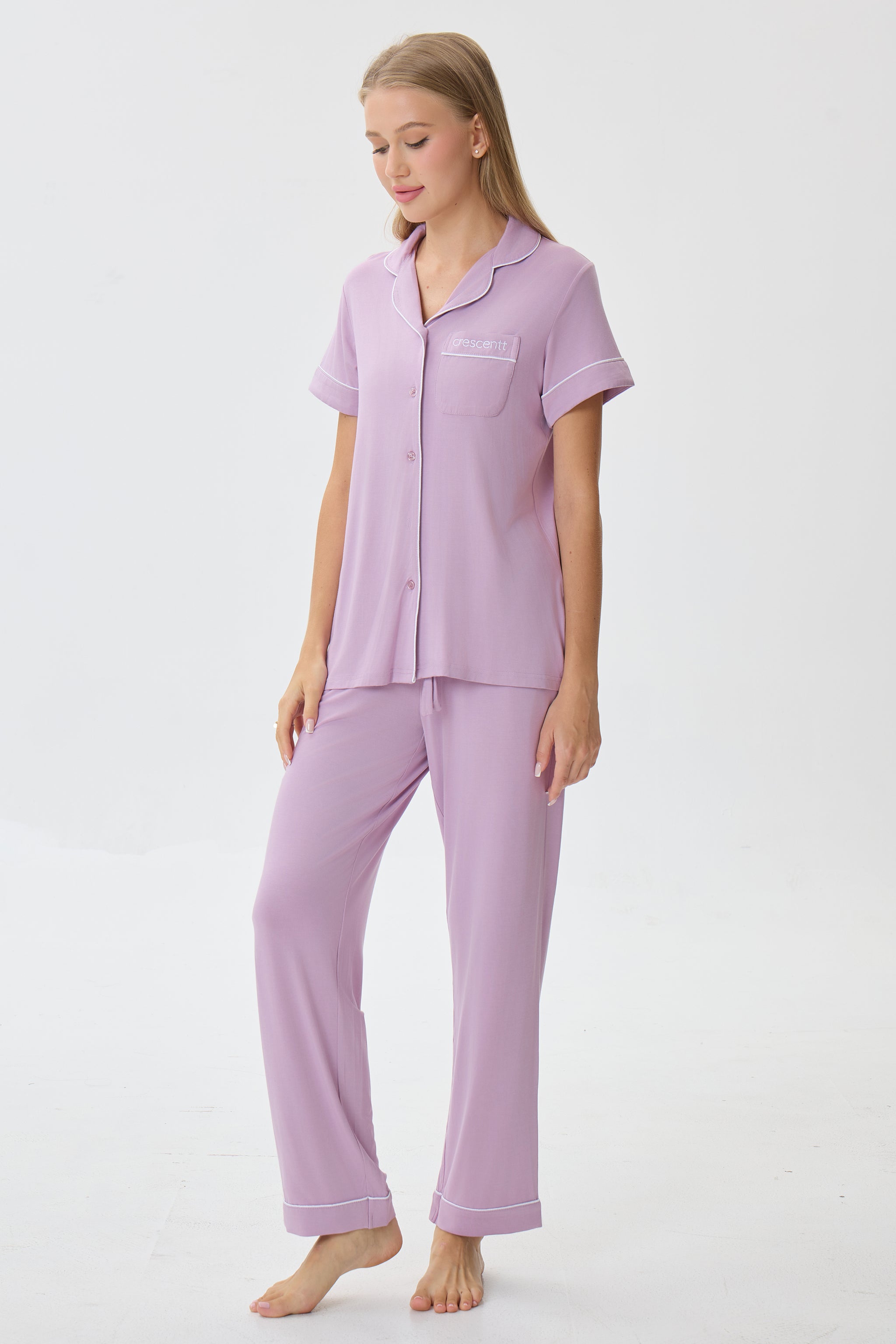 Petal Mauve Luxe Modal Silk™ Pajama Set – Short Sleeve & Pants - Crescentt