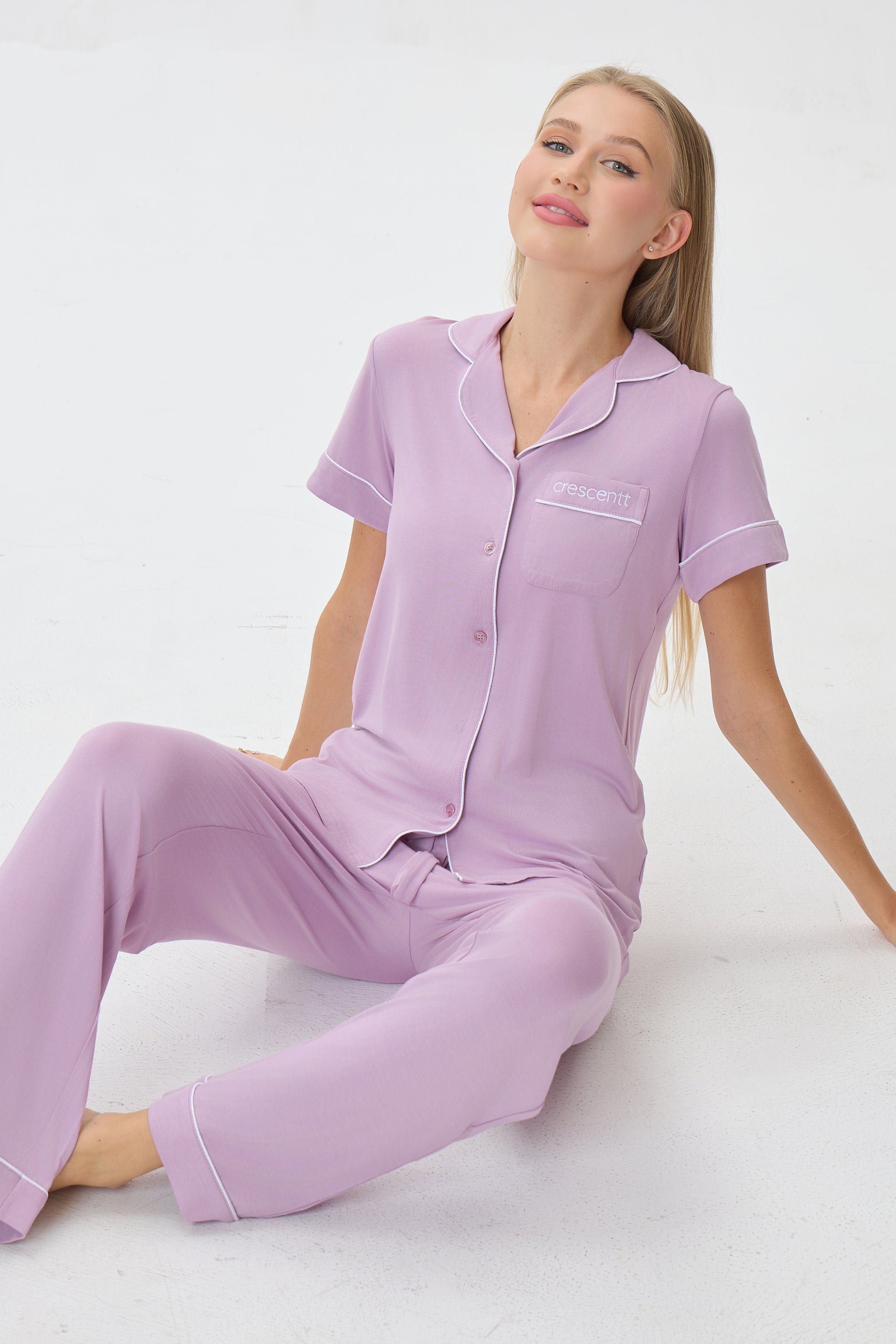 Petal Mauve Luxe Modal Silk™ Pajama Set – Short Sleeve & Pants - Crescentt