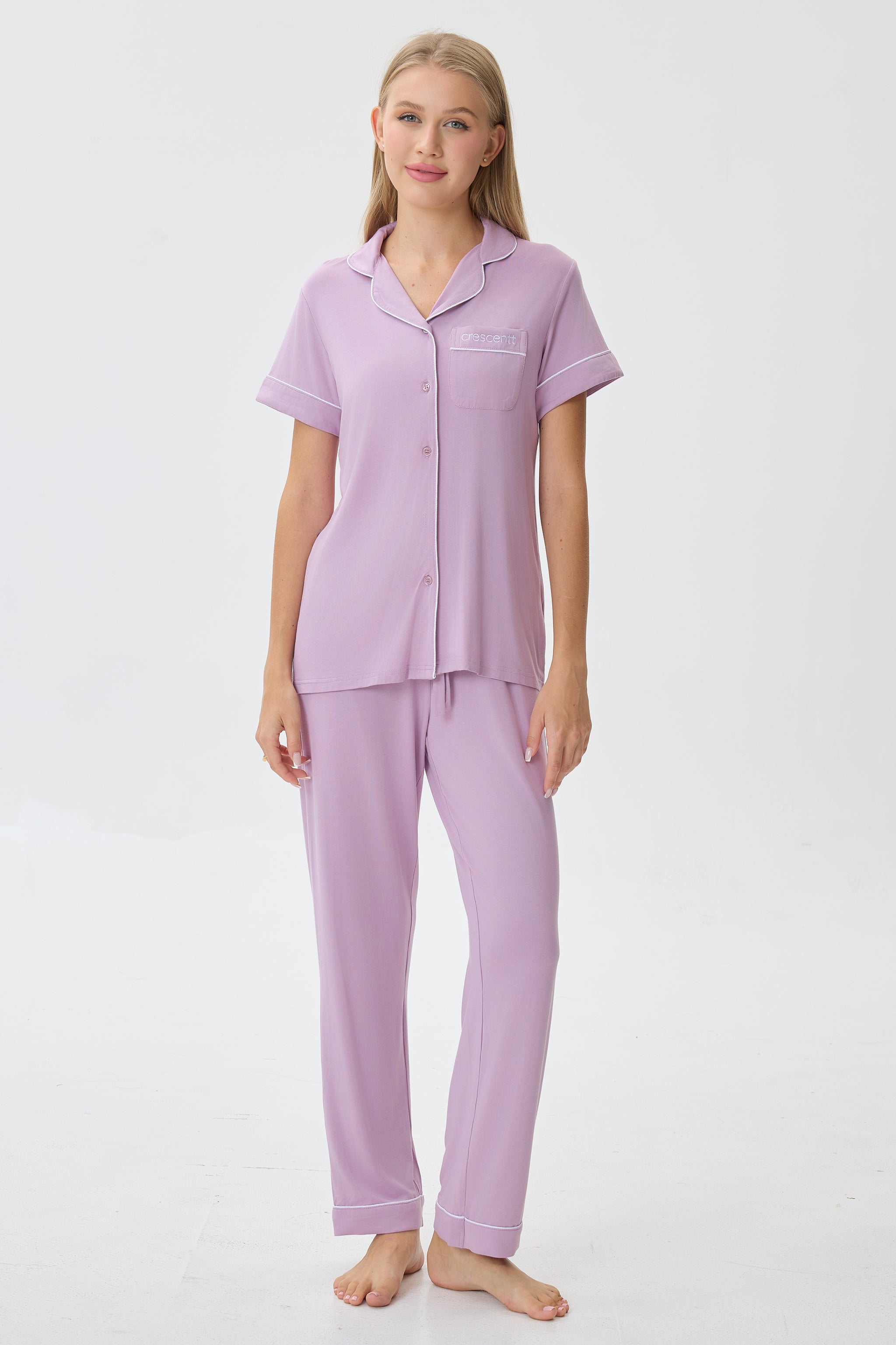 Petal Mauve Luxe Modal Silk™ Pajama Set – Short Sleeve & Pants - Crescentt