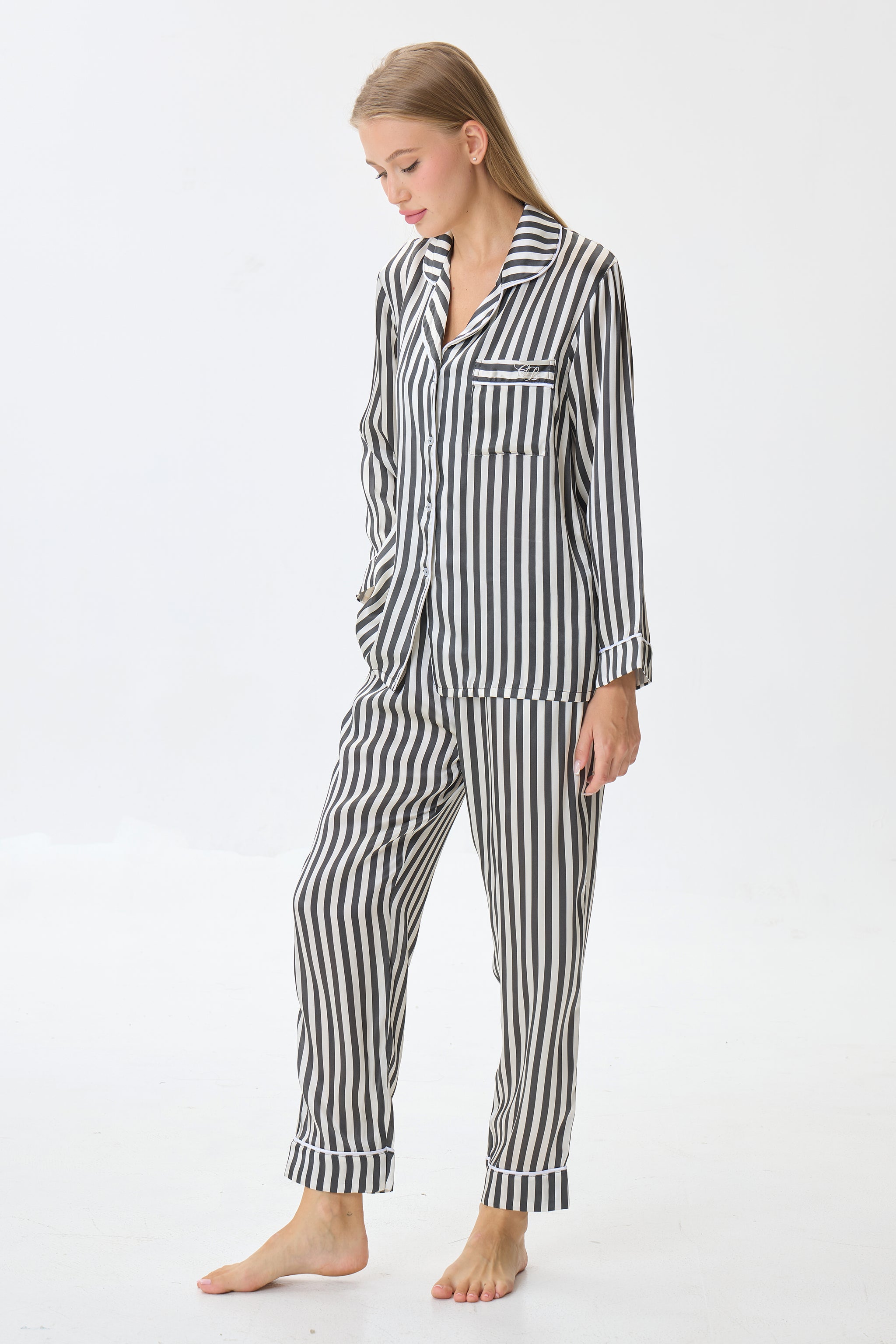 Pinstripe Emery™ Mulberry Silk Pajama Set + Eye Mask + Scrunchie - Crescentt