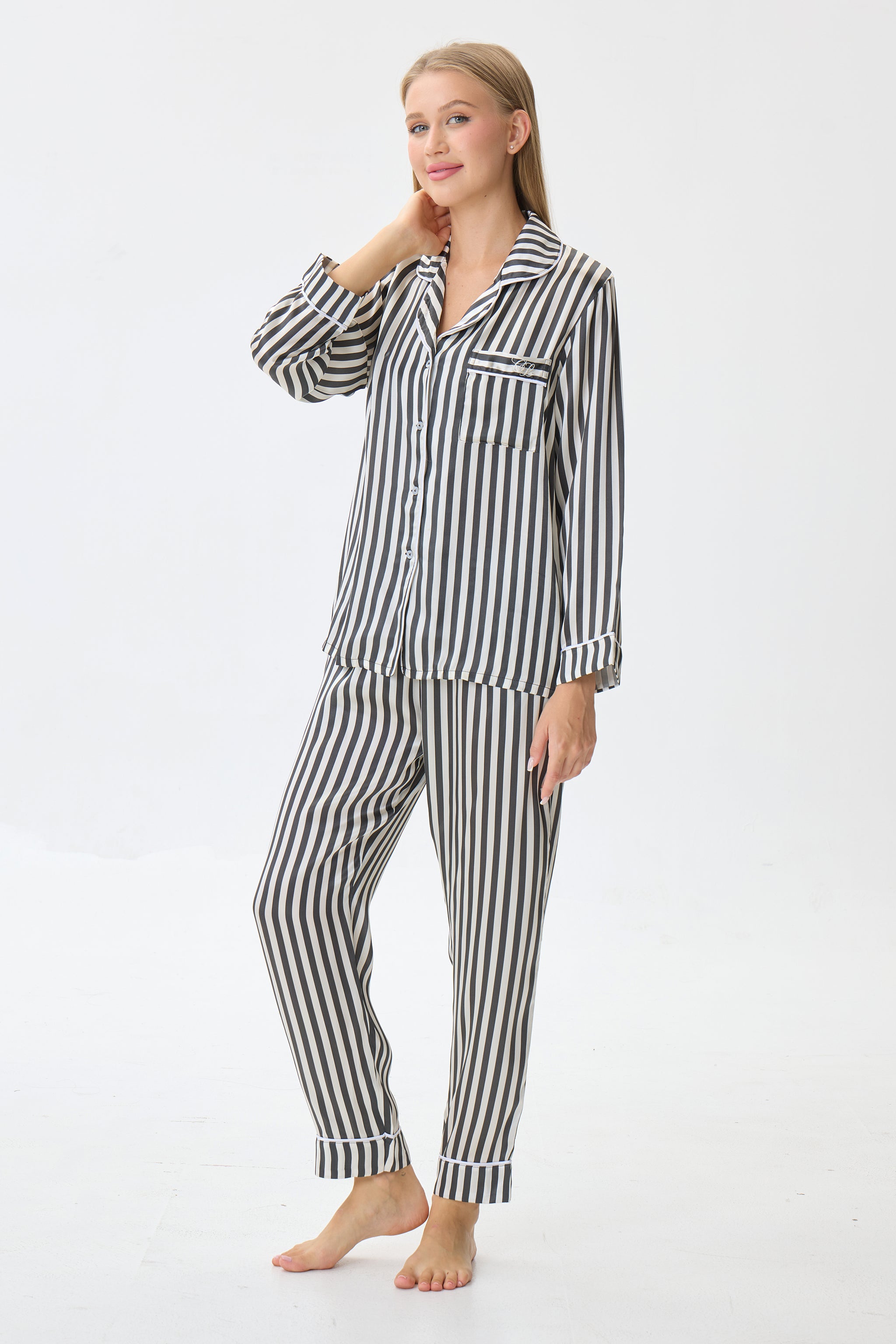 Pinstripe Emery™ Mulberry Silk Pajama Set + Eye Mask + Scrunchie - Crescentt