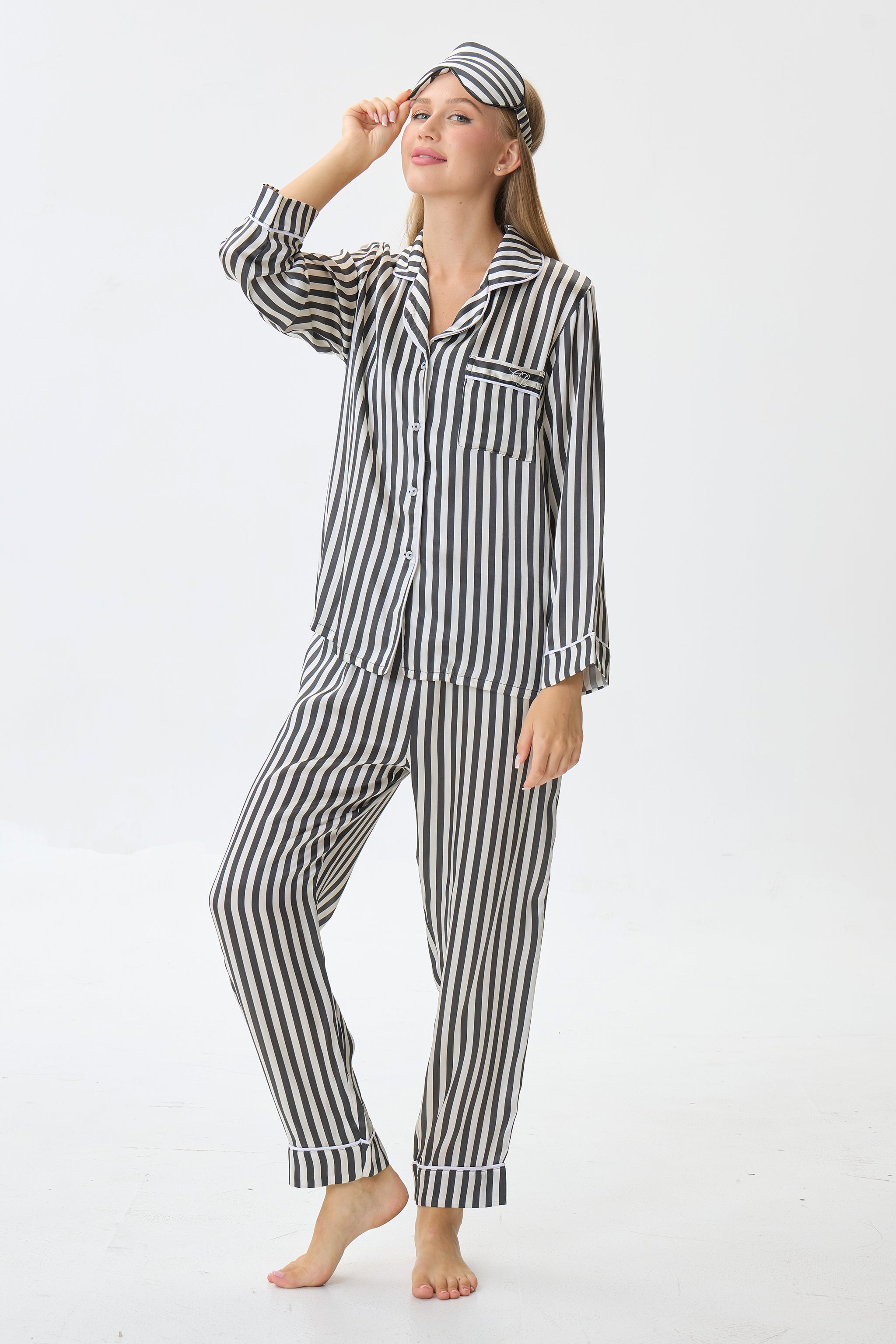 Pinstripe Emery™ Mulberry Silk Pajama Set + Eye Mask + Scrunchie - Crescentt