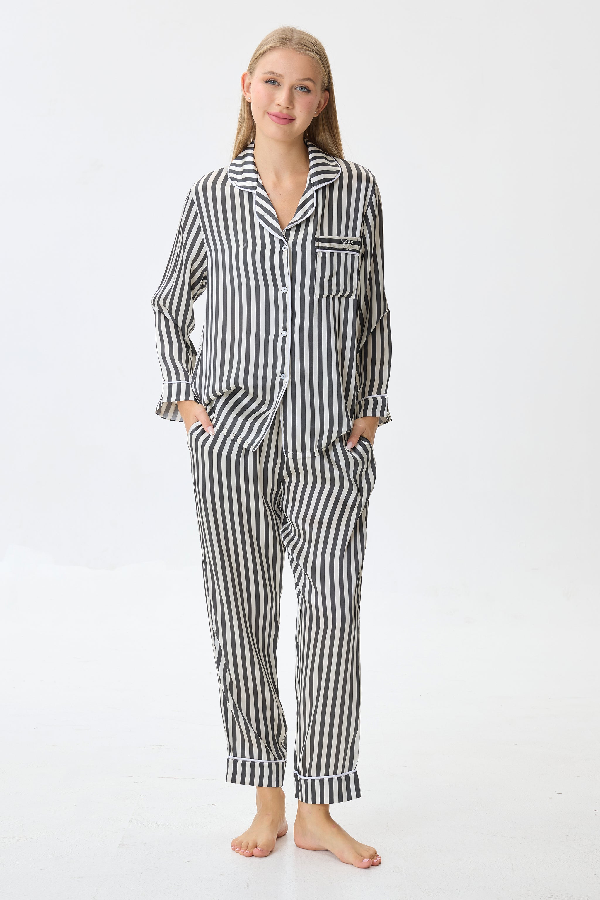 Pinstripe Emery™ Mulberry Silk Pajama Set + Eye Mask + Scrunchie - Crescentt