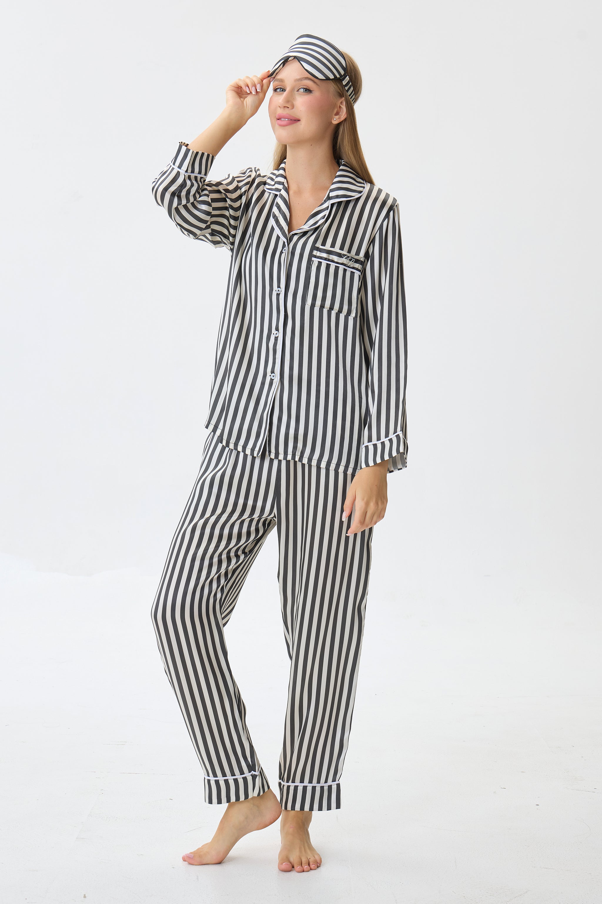 Pinstripe Emery™ Mulberry Silk Pajama Set + Eye Mask + Scrunchie - Crescentt