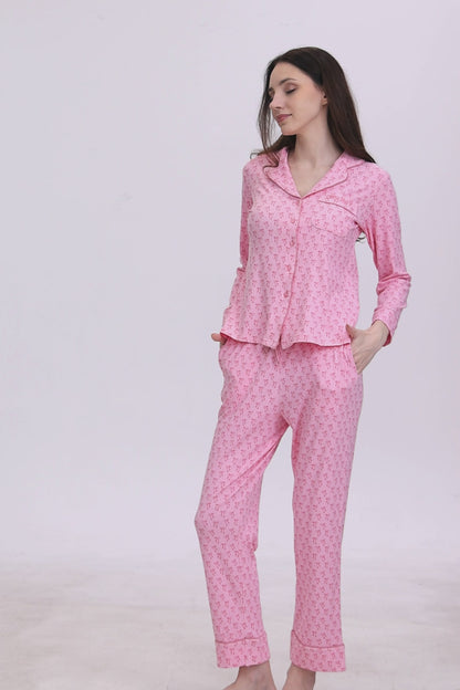 Rosy Ribbon Dreams Ribbed Modal Silk™ Pajama Set – Long Sleeve & Pants