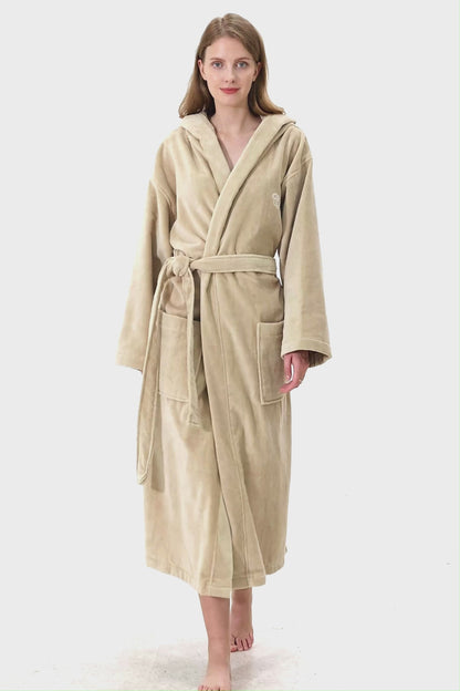 Cashmere Beige Hooded Turkish Cotton Spa Bathrobe