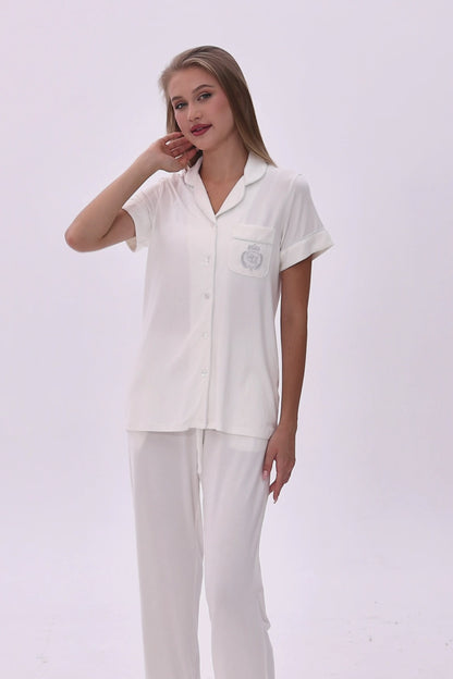 Serene White Bamboo Silk™ Pajama Set – Short Sleeve & Pants