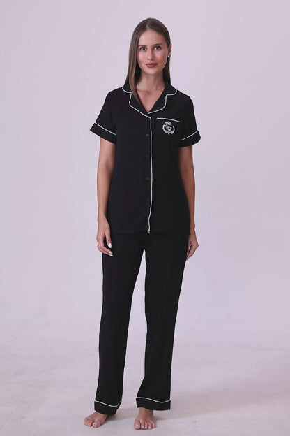 Royal Black Bamboo Silk™ Pajama Set – Short Sleeve & Pants