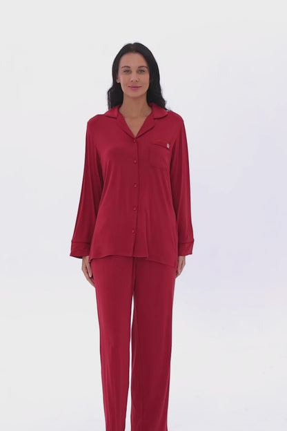 Crimson Luxe Modal Silk™ Pajama Set – Long Sleeve & Pants
