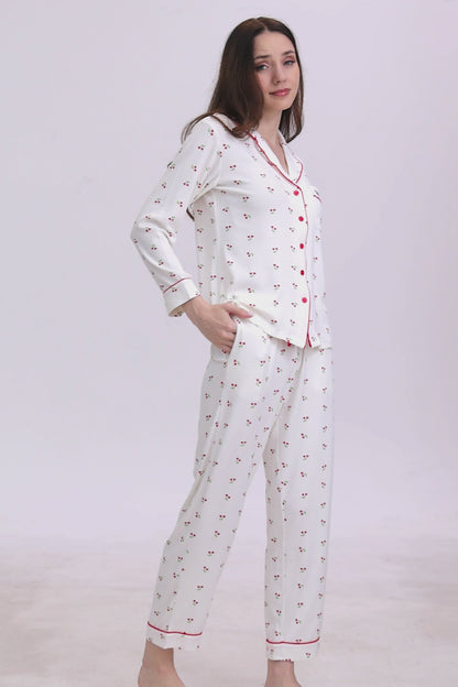White Cherry Luxe Ribbed Modal Silk™ Pajama Set – Long Sleeve & Pants