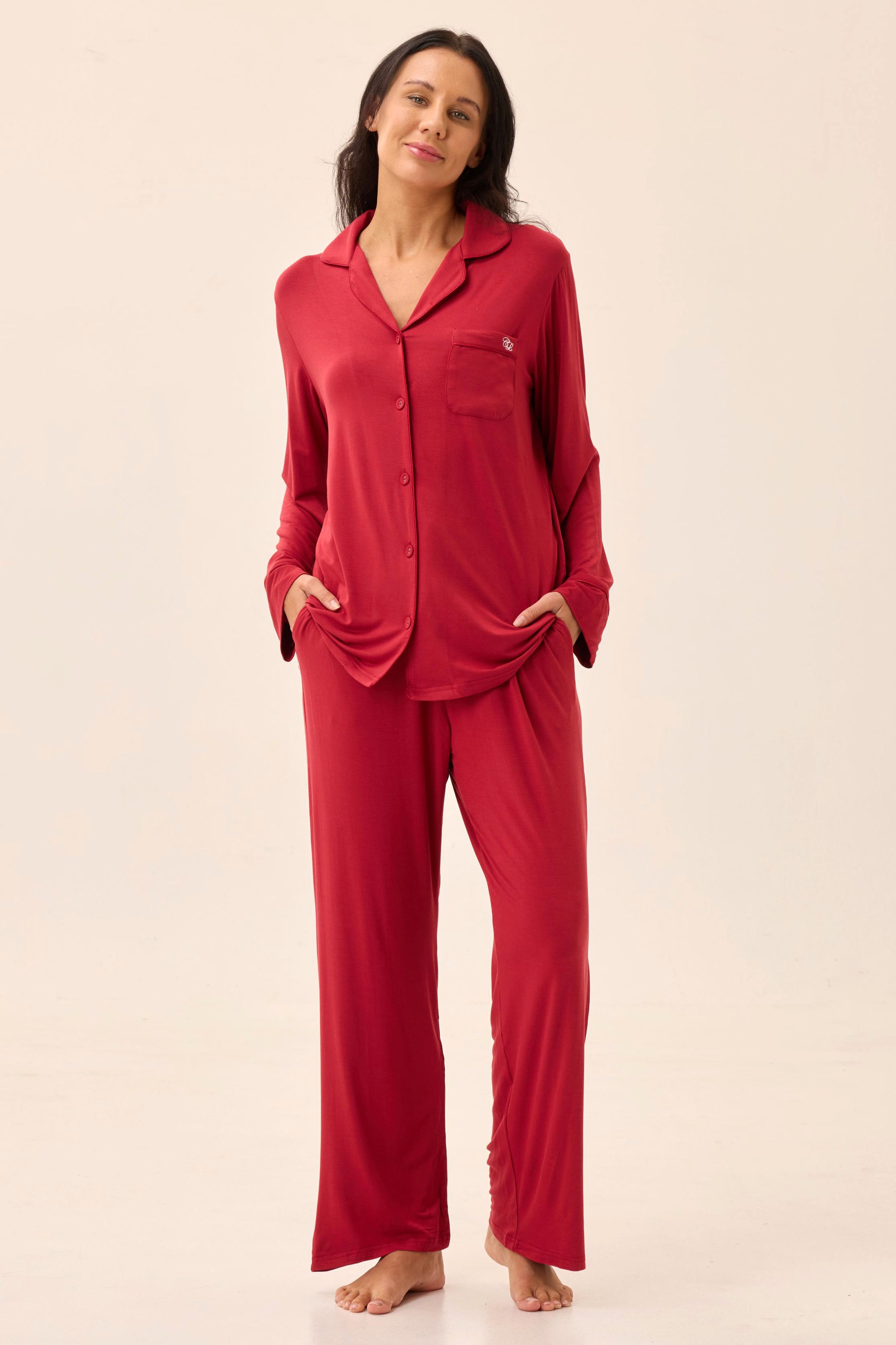 Crimson Luxe Modal Silk™ Pajama Set – Long Sleeve & Pants - Crescentt