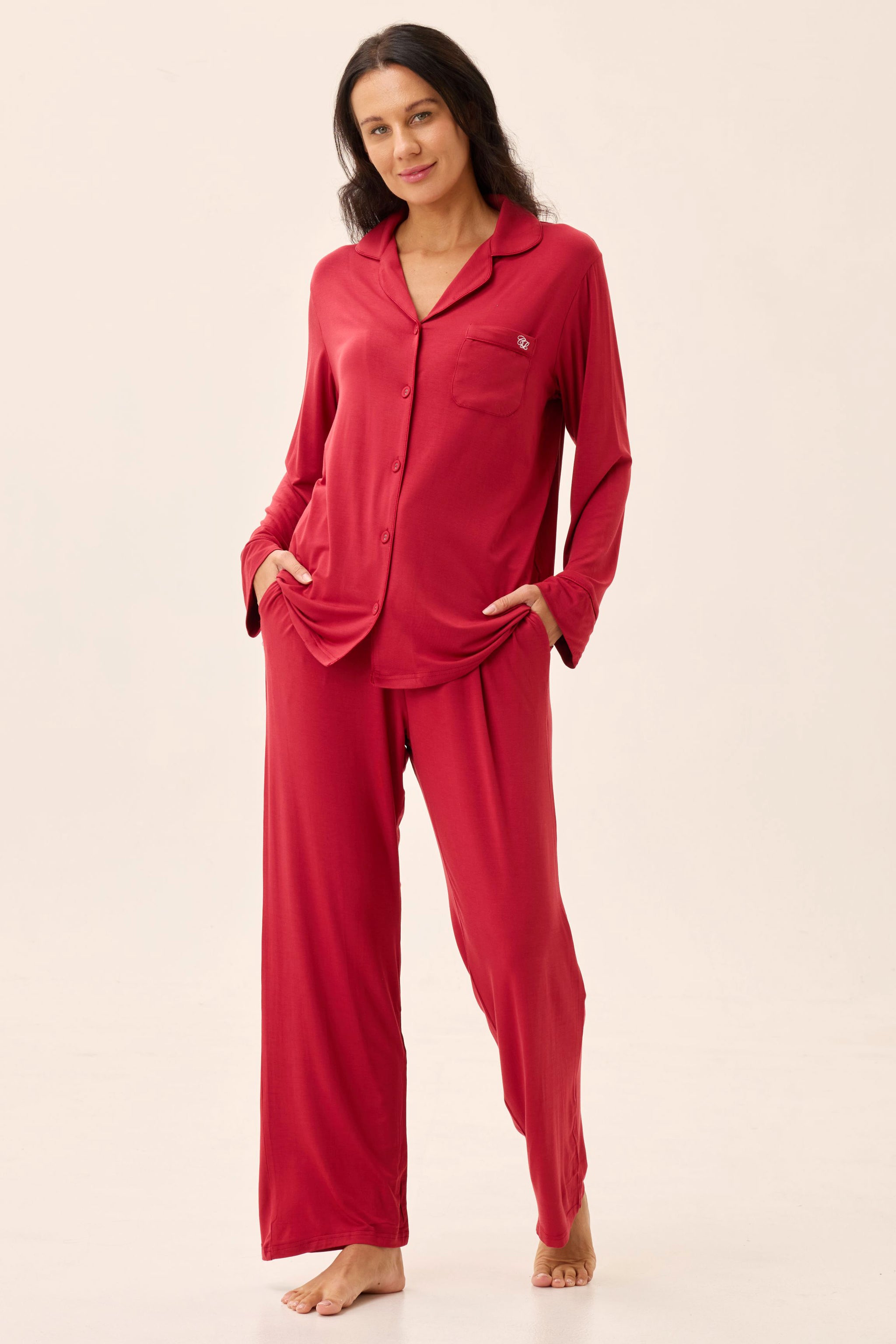 Crimson Luxe Modal Silk™ Pajama Set – Long Sleeve & Pants - Crescentt