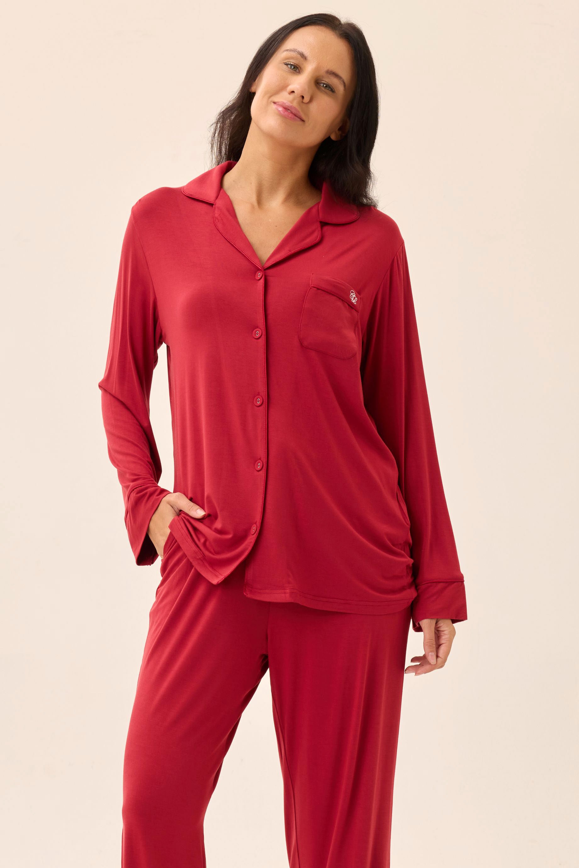 Crimson Luxe Modal Silk™ Pajama Set – Long Sleeve & Pants - Crescentt