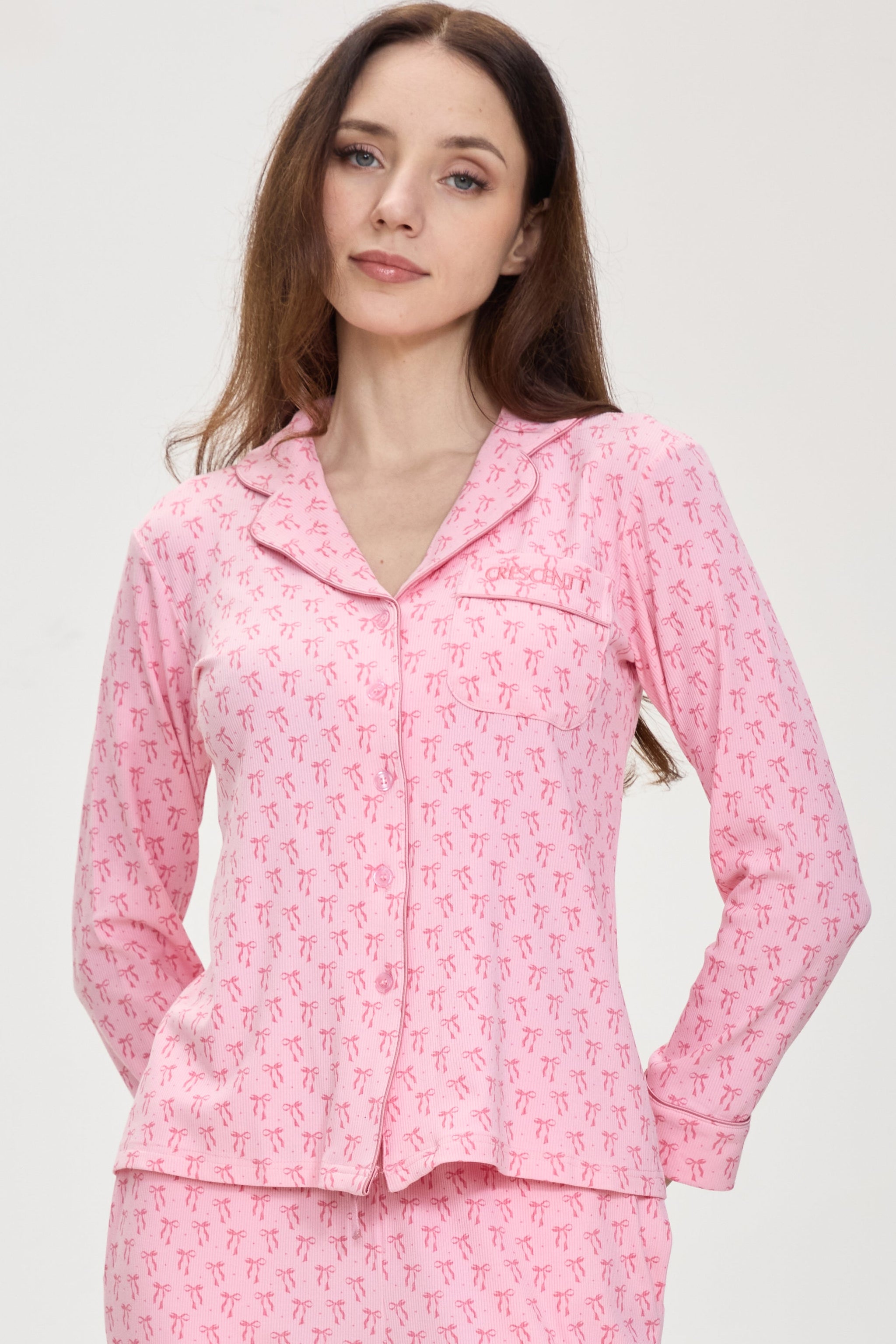 Rosy Ribbon Dreams Ribbed Modal Silk™ Pajama Set – Long Sleeve & Pants - Crescentt
