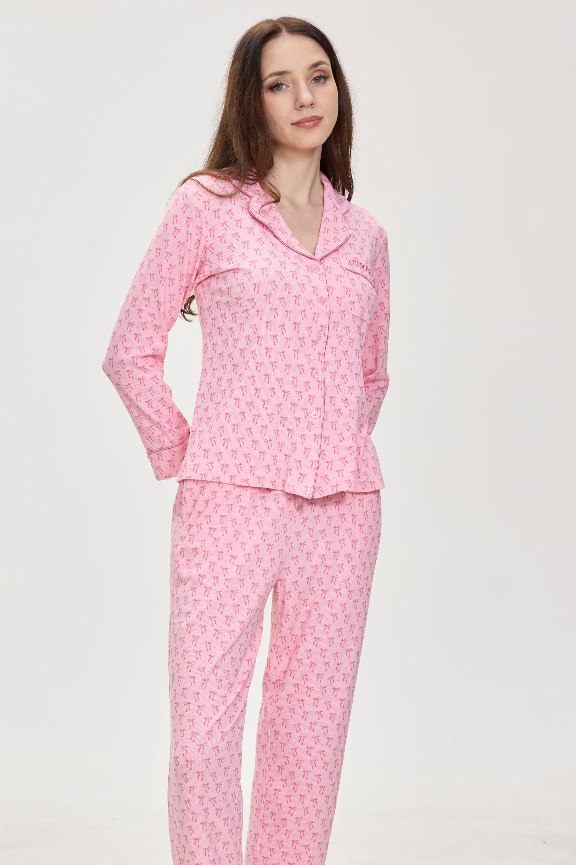 Rosy Ribbon Dreams Ribbed Modal Silk™ Pajama Set – Long Sleeve & Pants - Crescentt