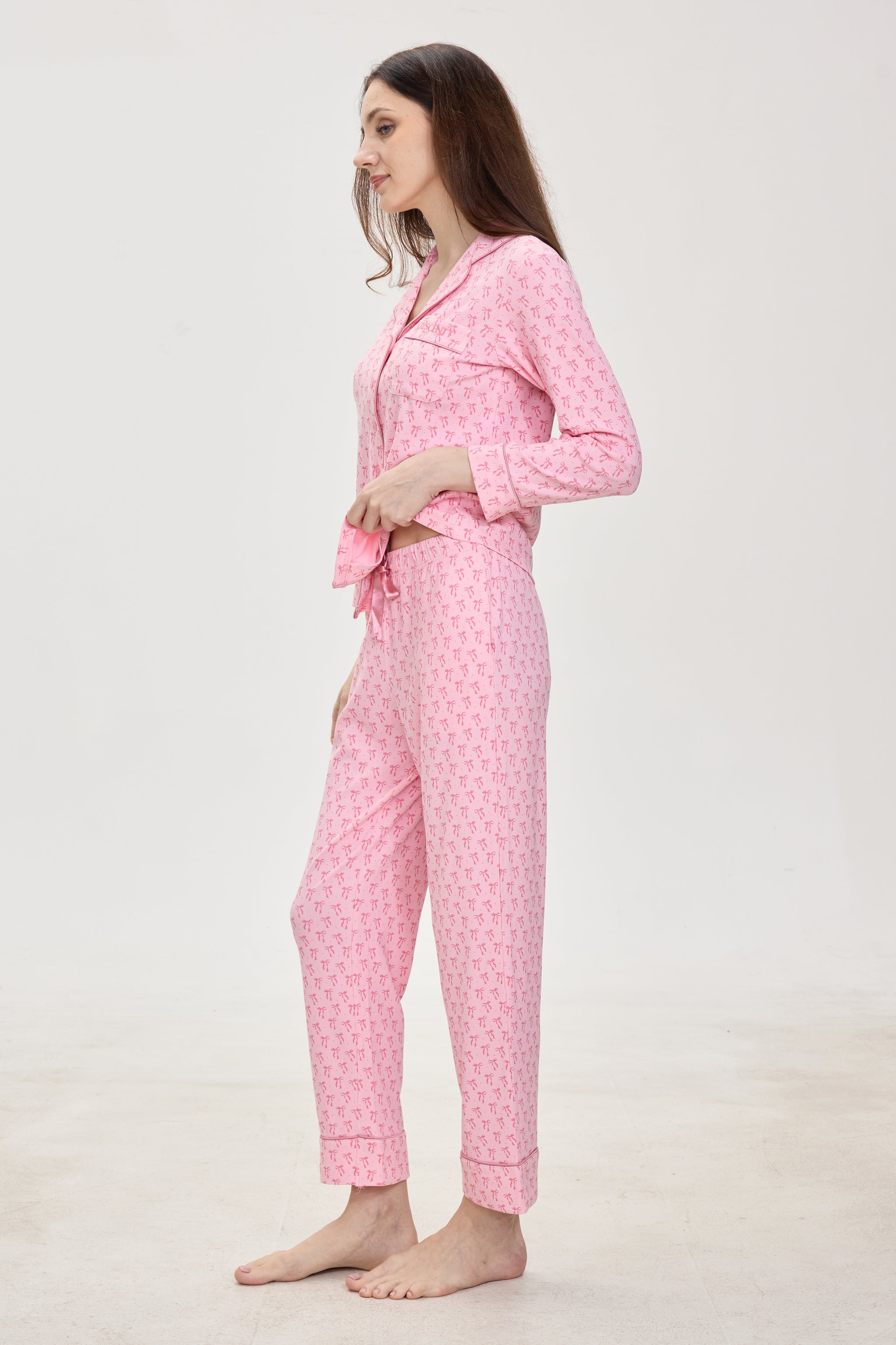 Rosy Ribbon Dreams Ribbed Modal Silk™ Pajama Set – Long Sleeve & Pants - Crescentt