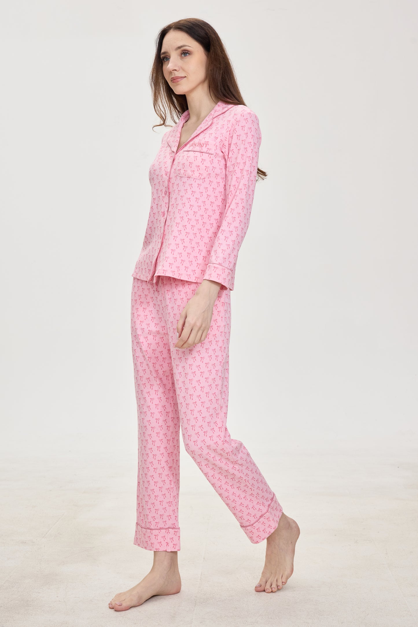Rosy Ribbon Dreams Ribbed Modal Silk™ Pajama Set – Long Sleeve & Pants
