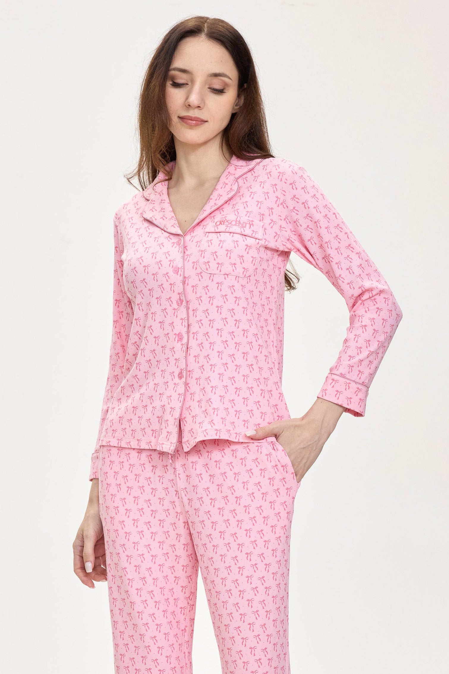 Rosy Ribbon Dreams Ribbed Modal Silk™ Pajama Set – Long Sleeve & Pants - Crescentt