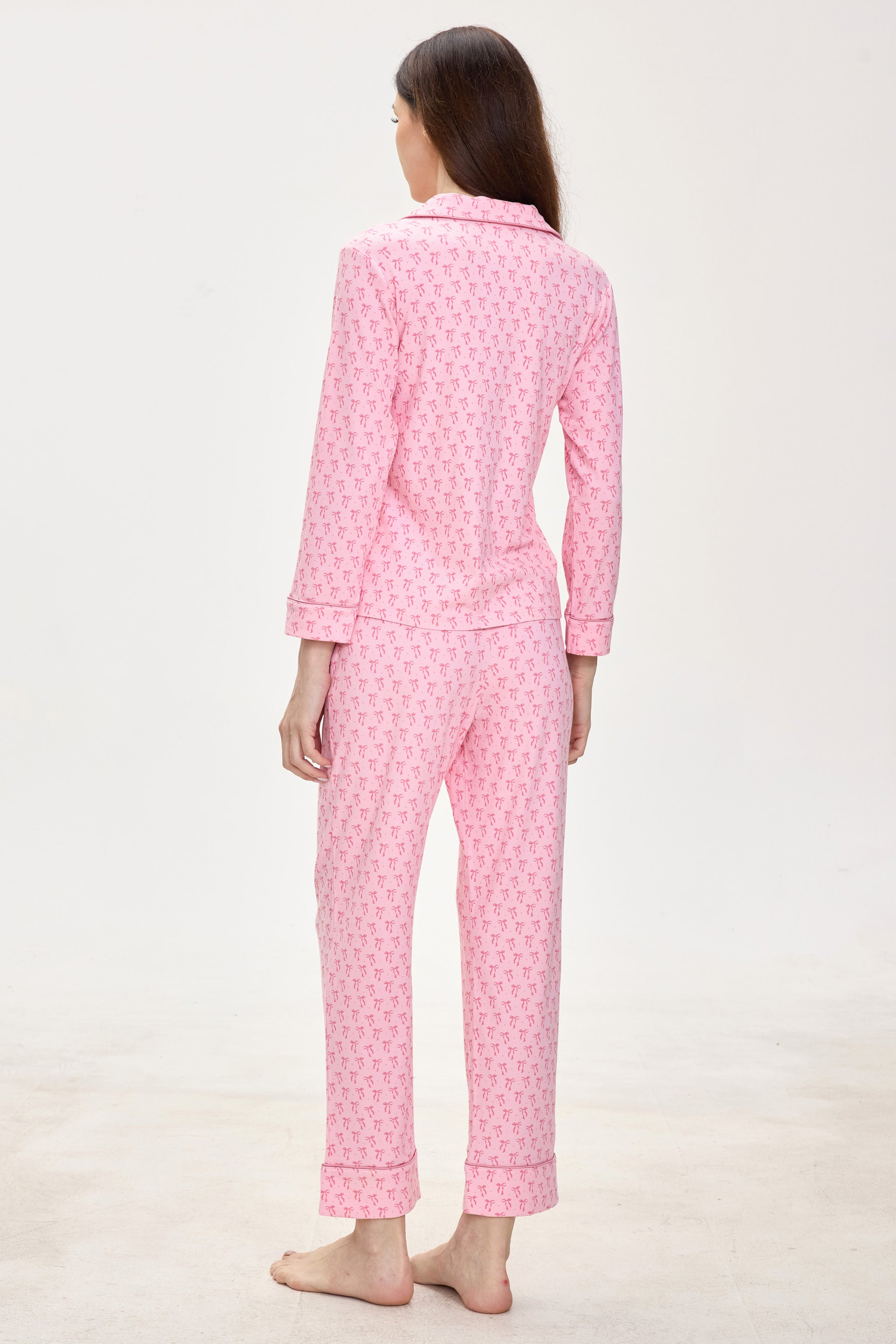 Rosy Ribbon Dreams Ribbed Modal Silk™ Pajama Set – Long Sleeve & Pants - Crescentt