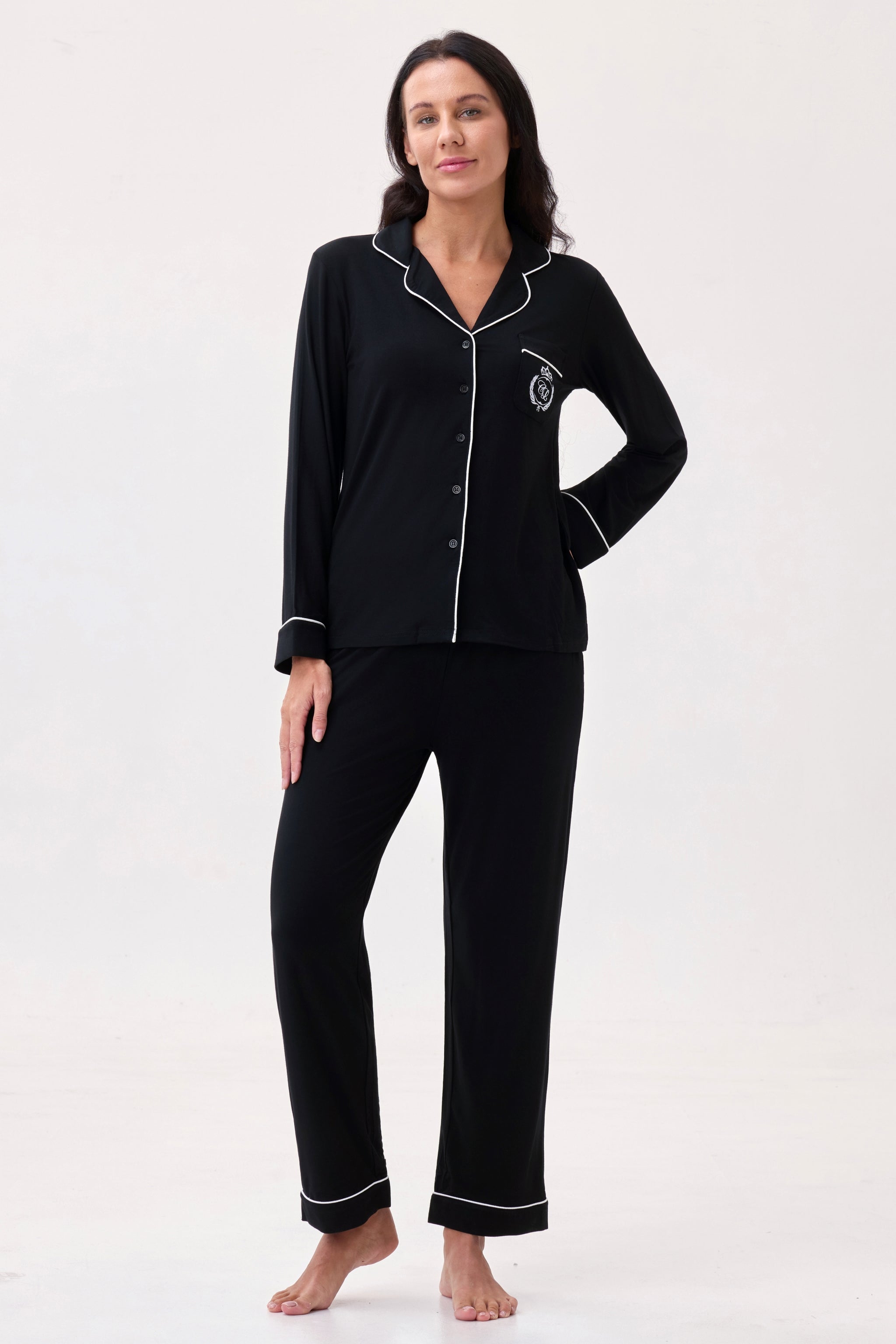 Royal Black Bamboo Silk™ Pajama Set – Long Sleeve & Pants - Crescentt