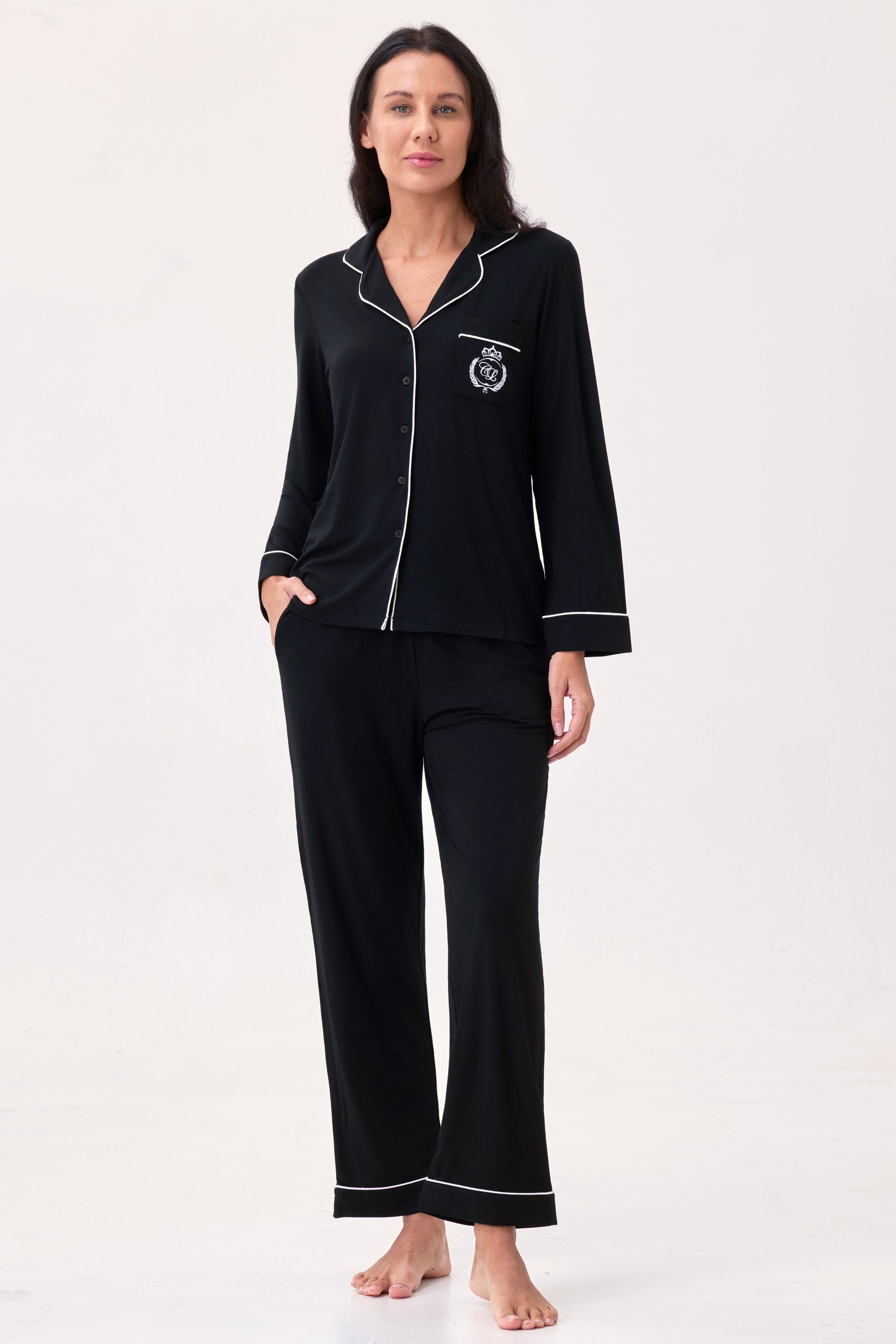 Royal Black Bamboo Silk™ Pajama Set – Long Sleeve & Pants - Crescentt