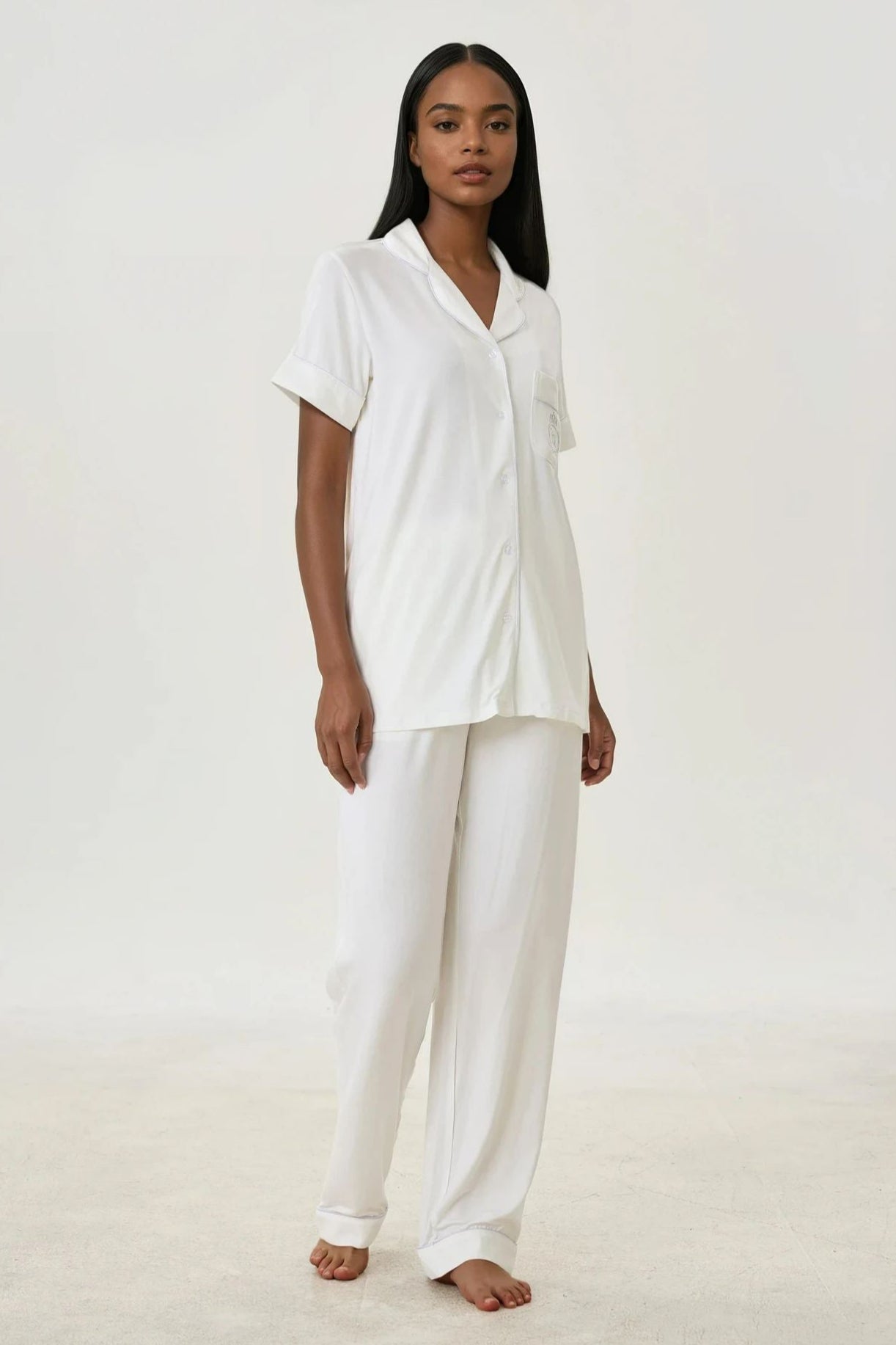 Serene White Bamboo Silk™ Pajama Set – Short Sleeve & Pants