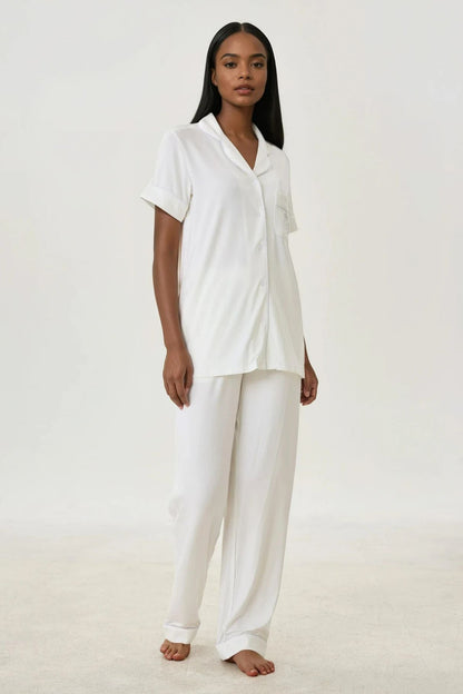 Serene White Bamboo Silk™ Pajama Set – Short Sleeve & Pants