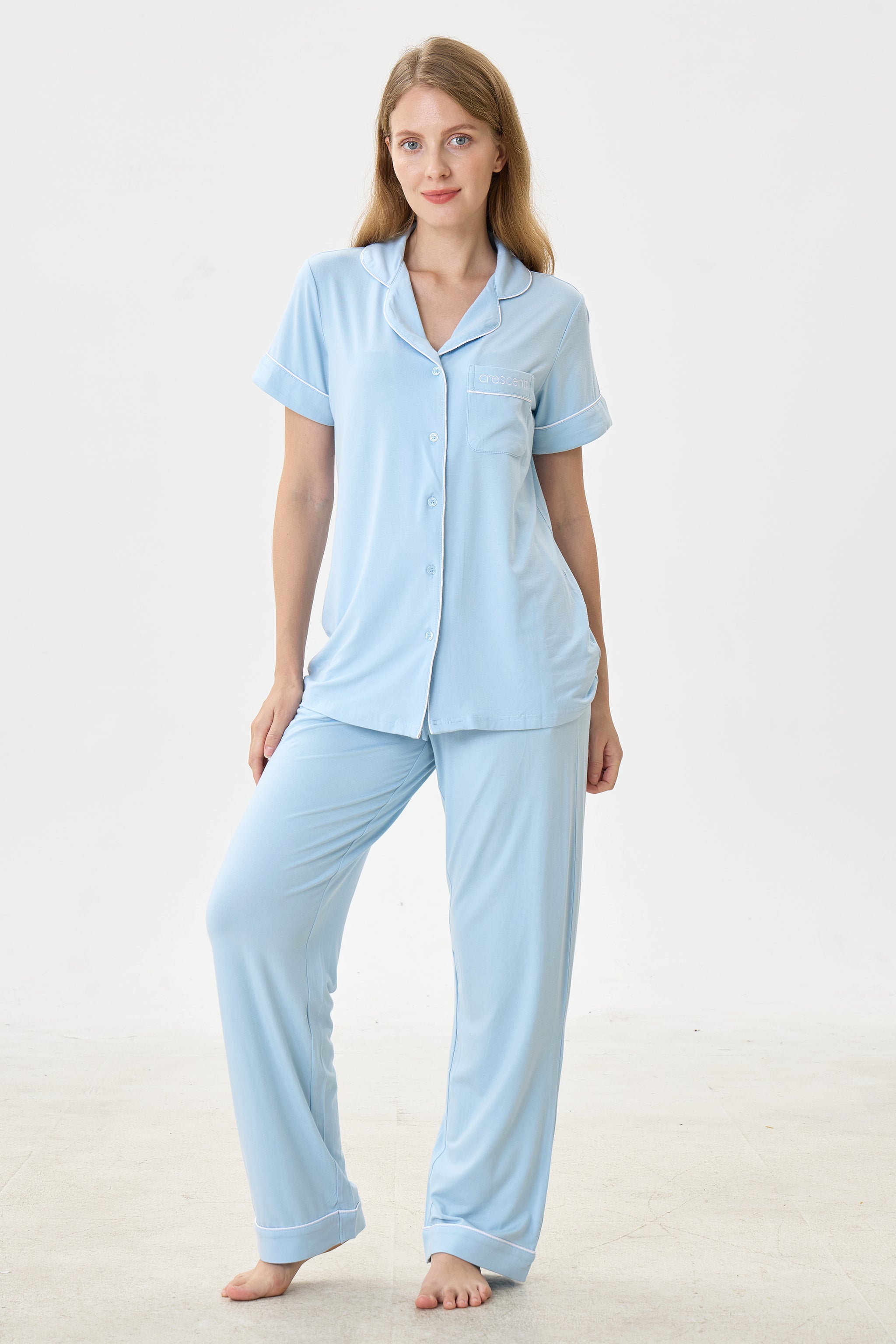 Angel Blue Luxe Modal Silk™ Pajama Set – Short Sleeve & Pants - Crescentt