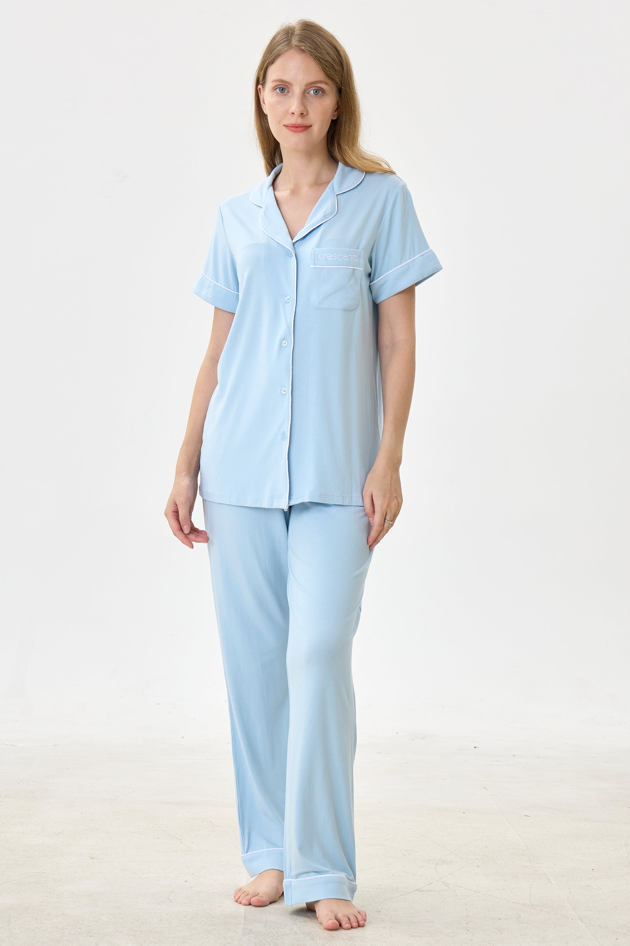 Angel Blue Luxe Modal Silk™ Pajama Set – Short Sleeve & Pants - Crescentt