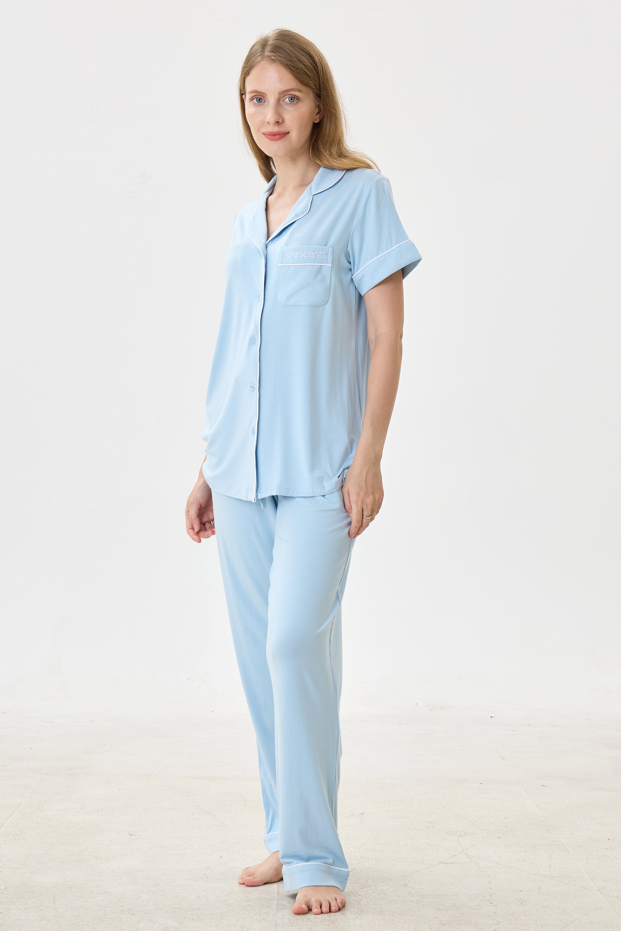 Angel Blue Luxe Modal Silk™ Pajama Set – Short Sleeve & Pants - Crescentt
