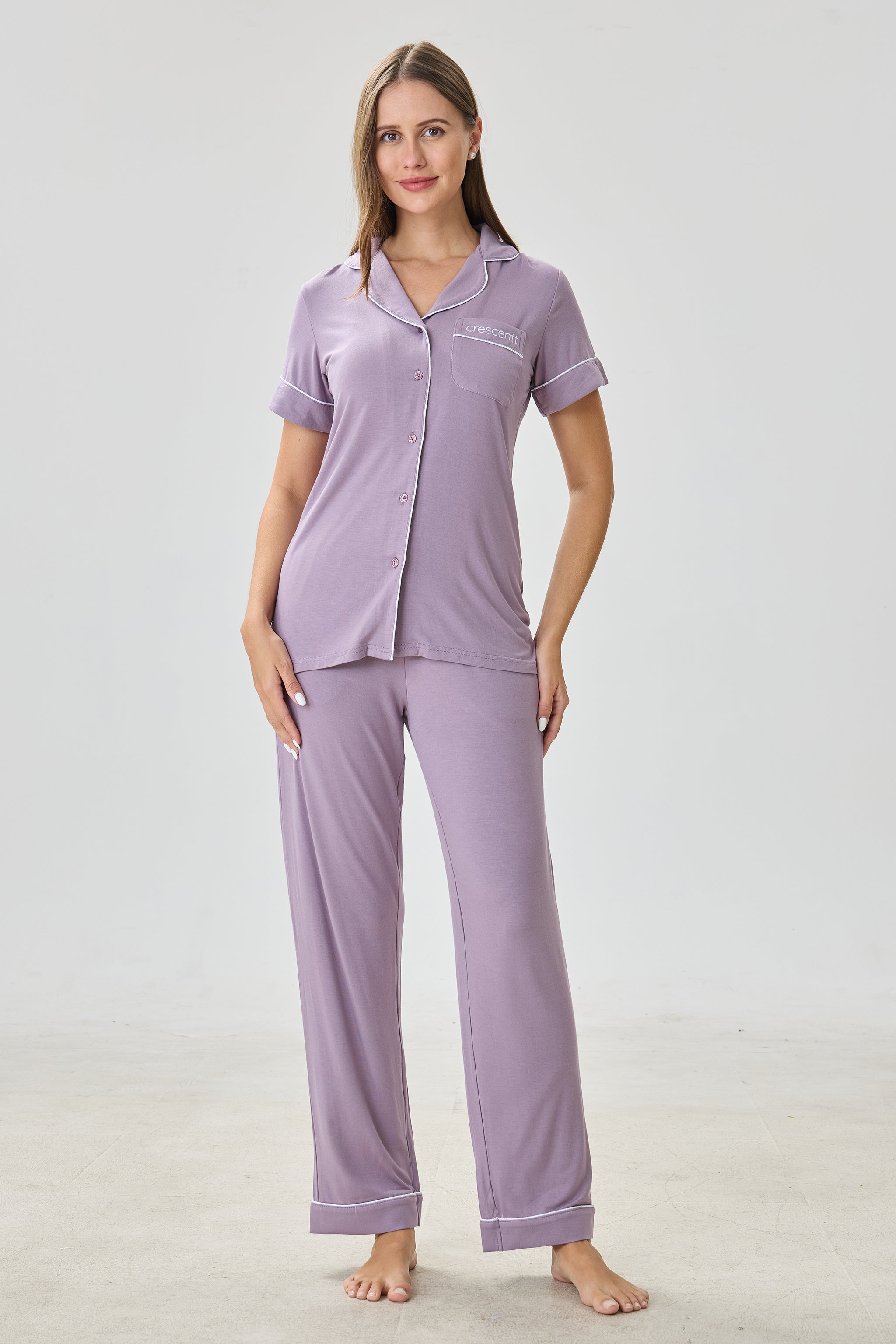 Steel Violet Luxe Modal Silk™ Pajama Set – Short Sleeve & Pants - Crescentt