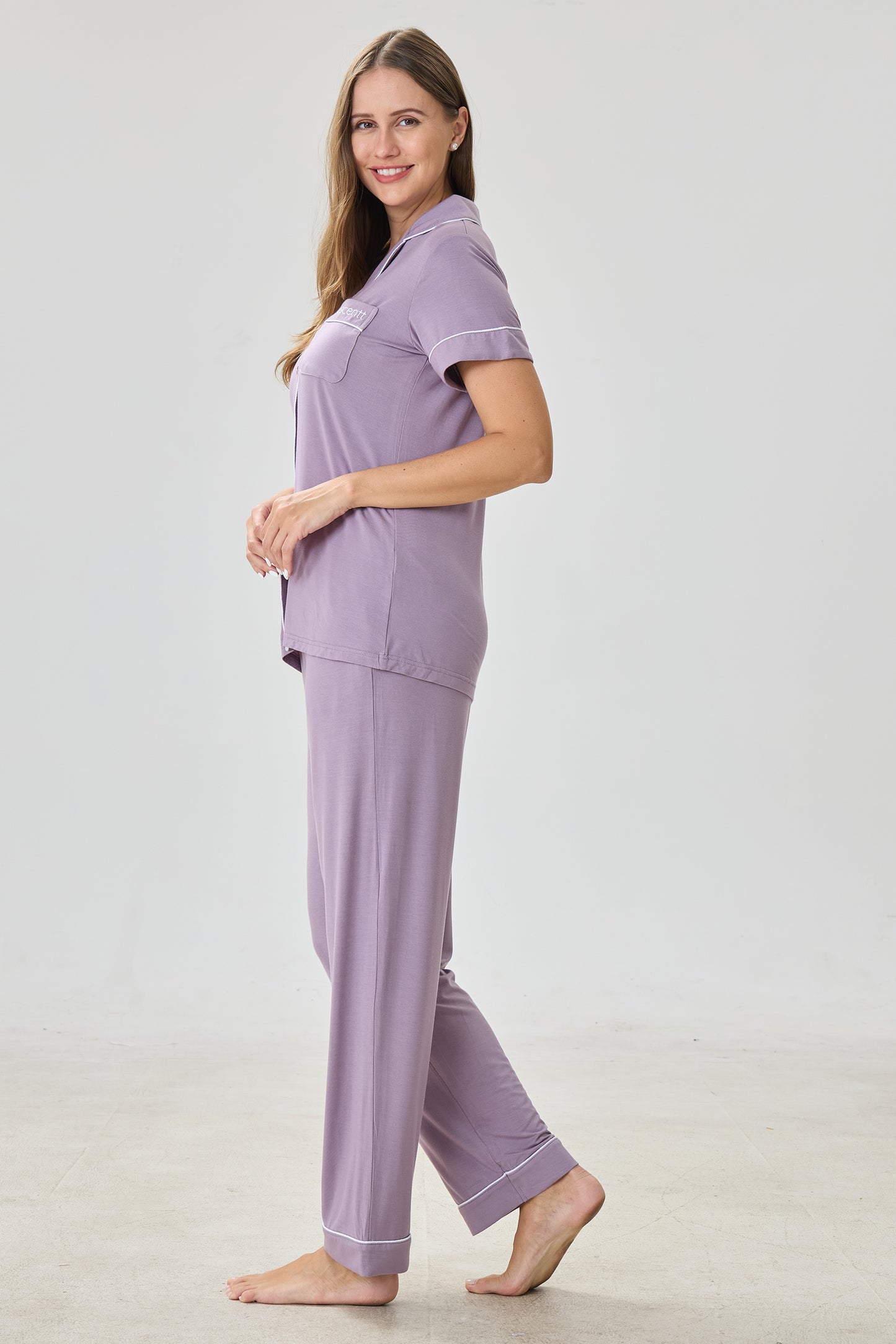 Steel Violet Luxe Modal Silk™ Pajama Set – Short Sleeve & Pants