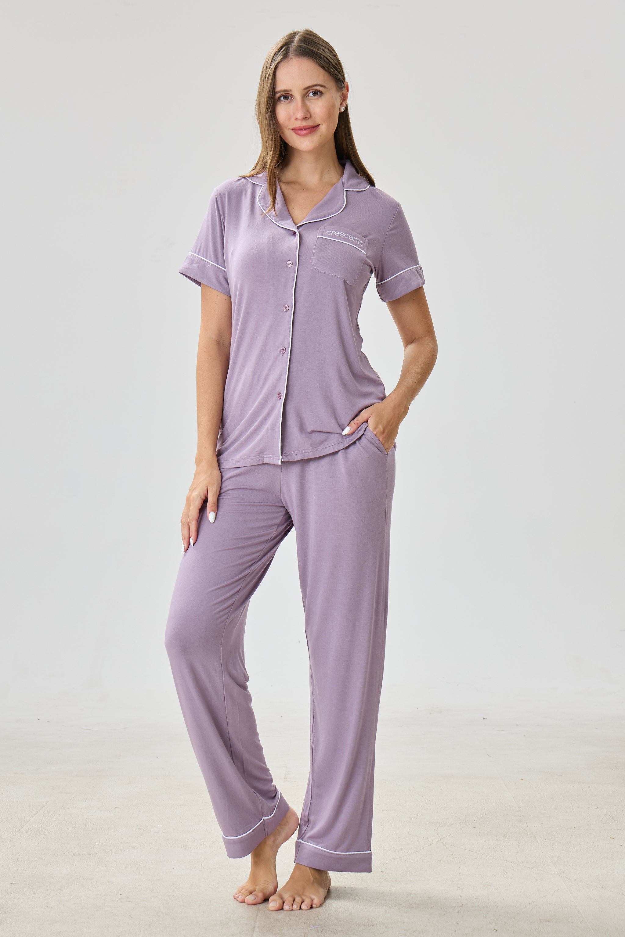 Steel Violet Luxe Modal Silk™ Pajama Set – Short Sleeve & Pants - Crescentt