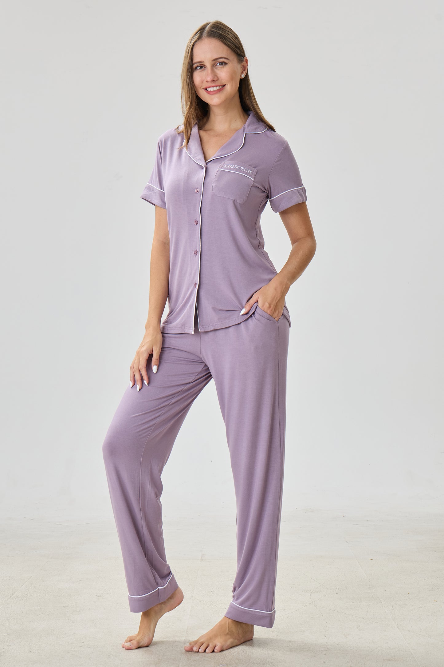 Steel Violet Luxe Modal Silk™ Pajama Set – Short Sleeve & Pants