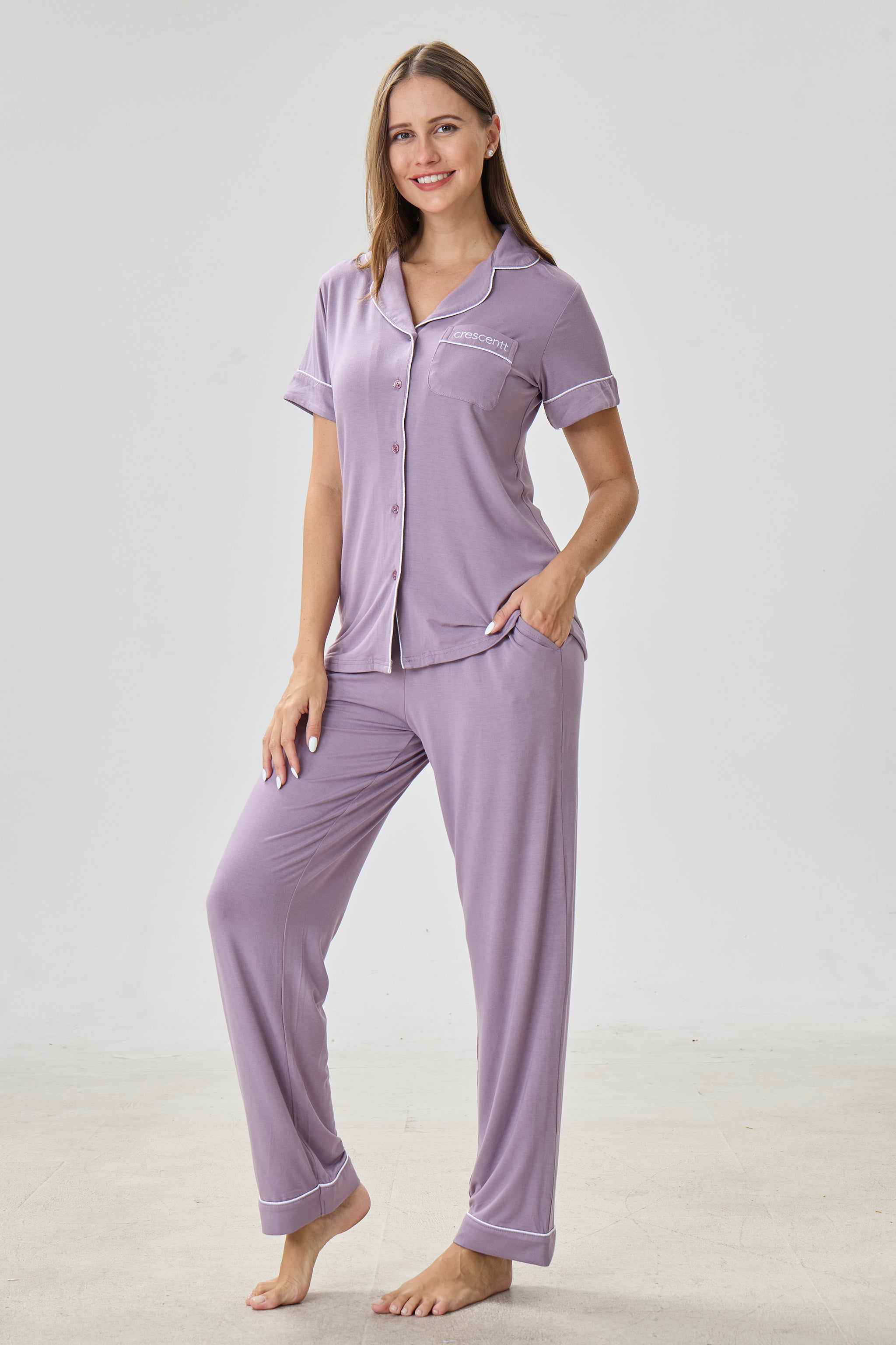 Steel Violet Luxe Modal Silk™ Pajama Set – Short Sleeve & Pants - Crescentt