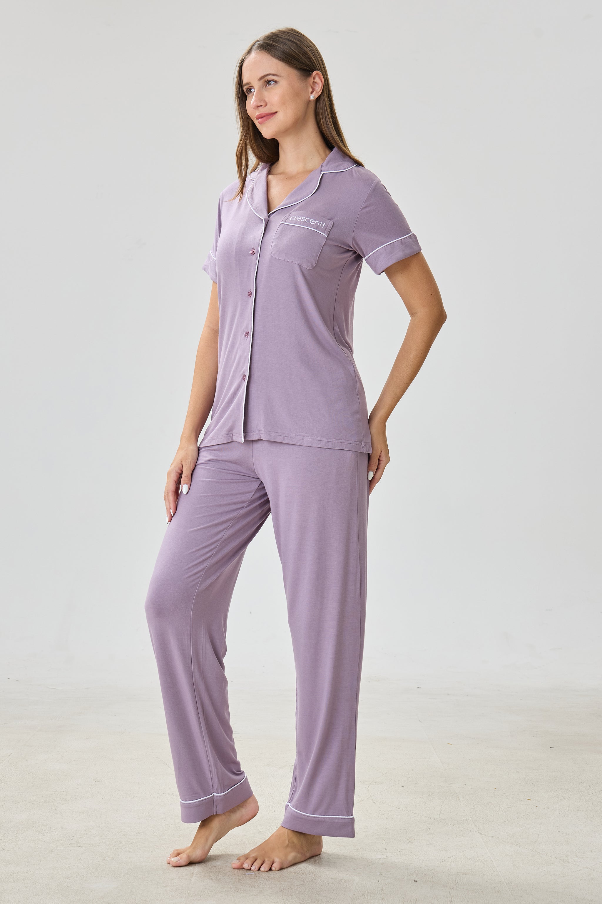 Steel Violet Luxe Modal Silk™ Pajama Set – Short Sleeve & Pants - Crescentt