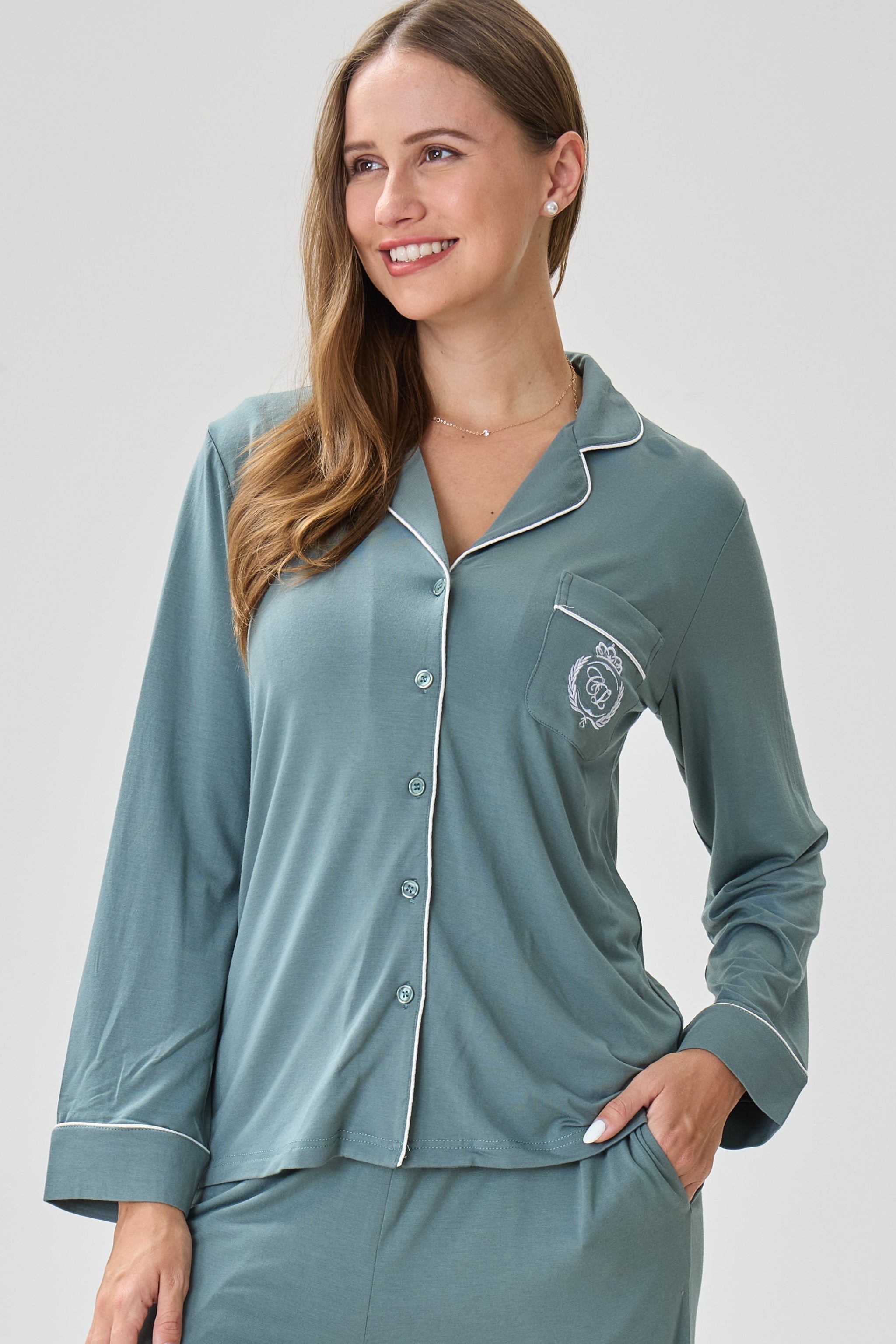 Teal Olive Bamboo Silk™ Pajama Set – Long Sleeve & Pants - Crescentt