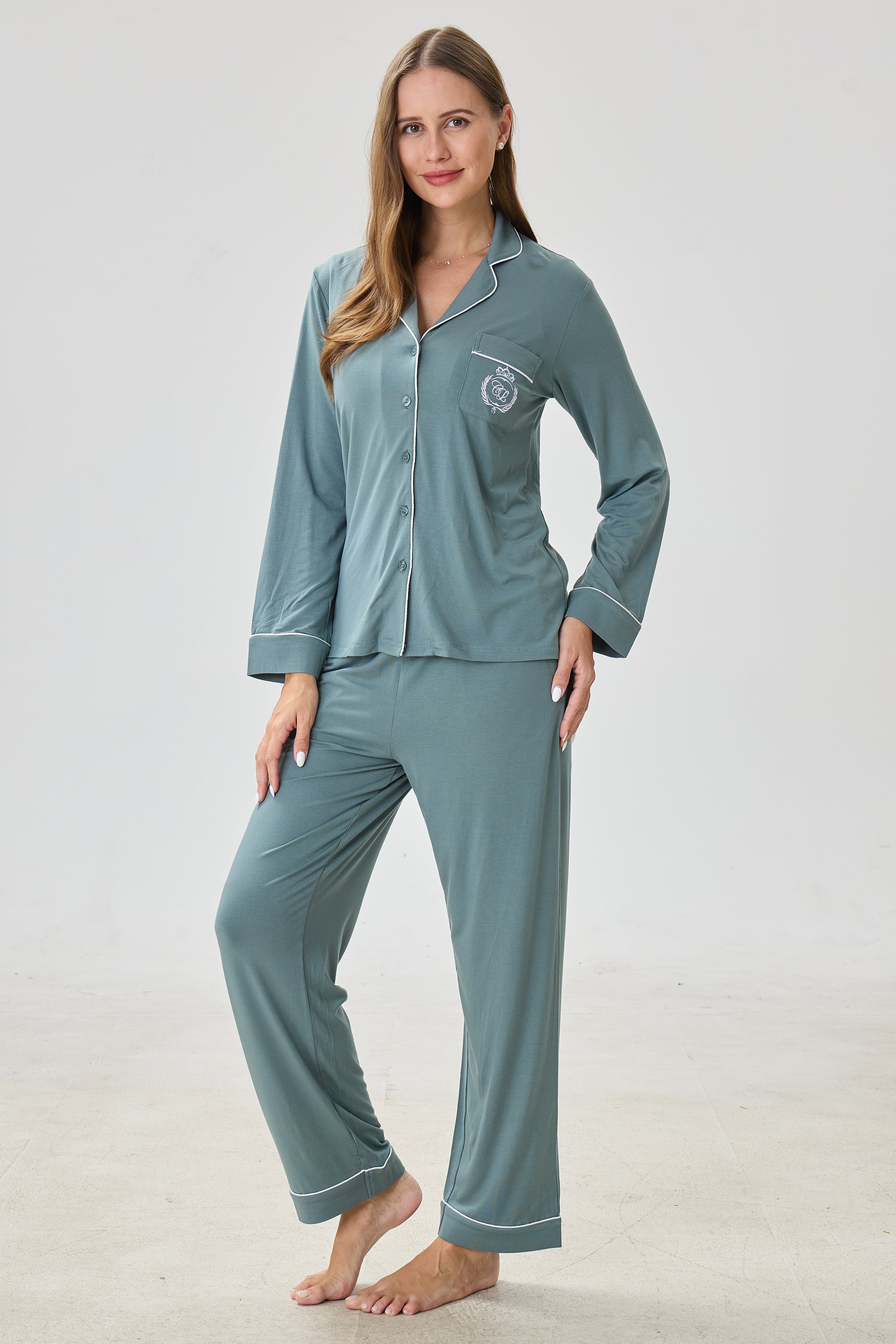 Teal Olive Bamboo Silk™ Pajama Set – Long Sleeve & Pants - Crescentt