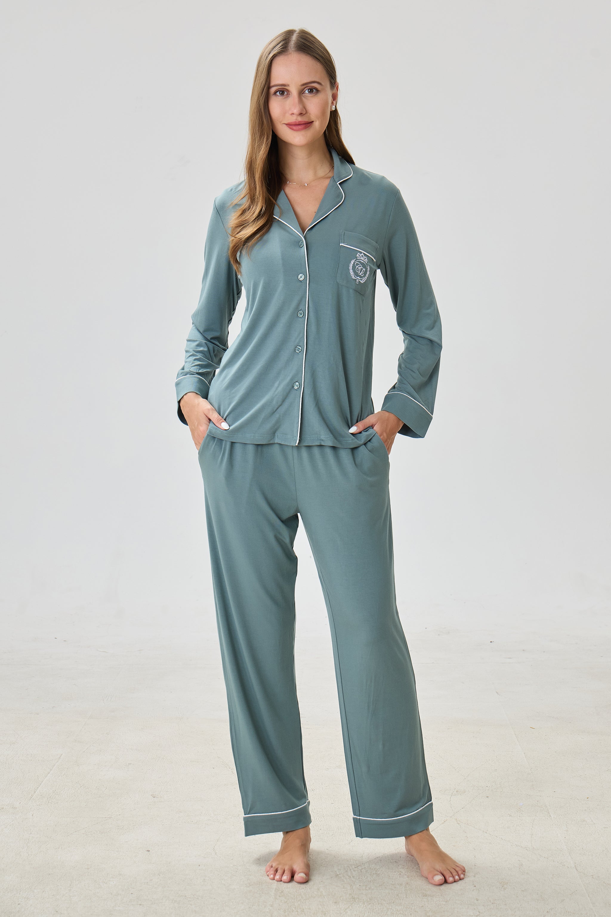 Teal Olive Bamboo Silk™ Pajama Set – Long Sleeve & Pants - Crescentt