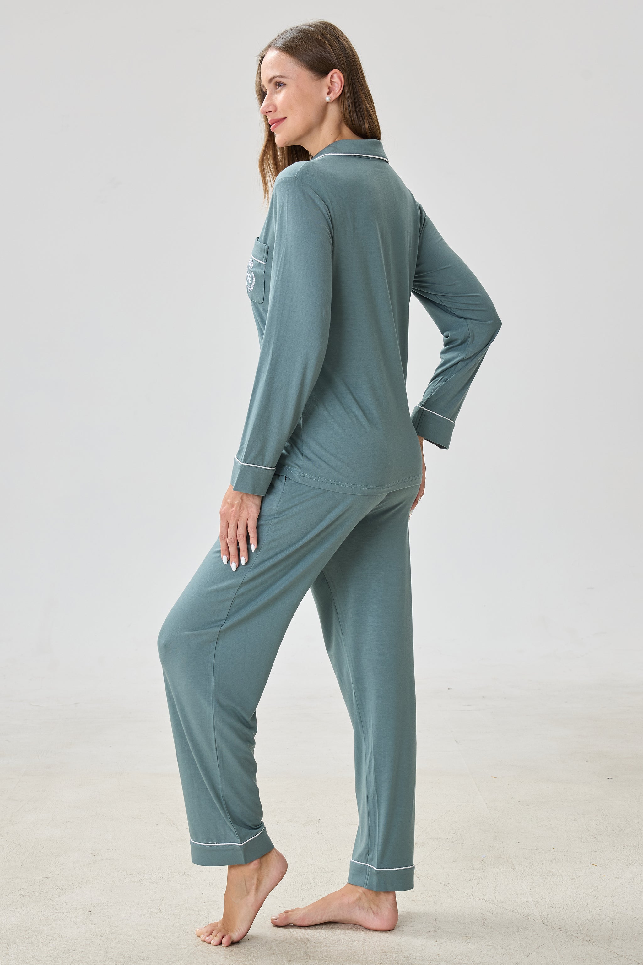 Teal Olive Bamboo Silk™ Pajama Set – Long Sleeve & Pants - Crescentt