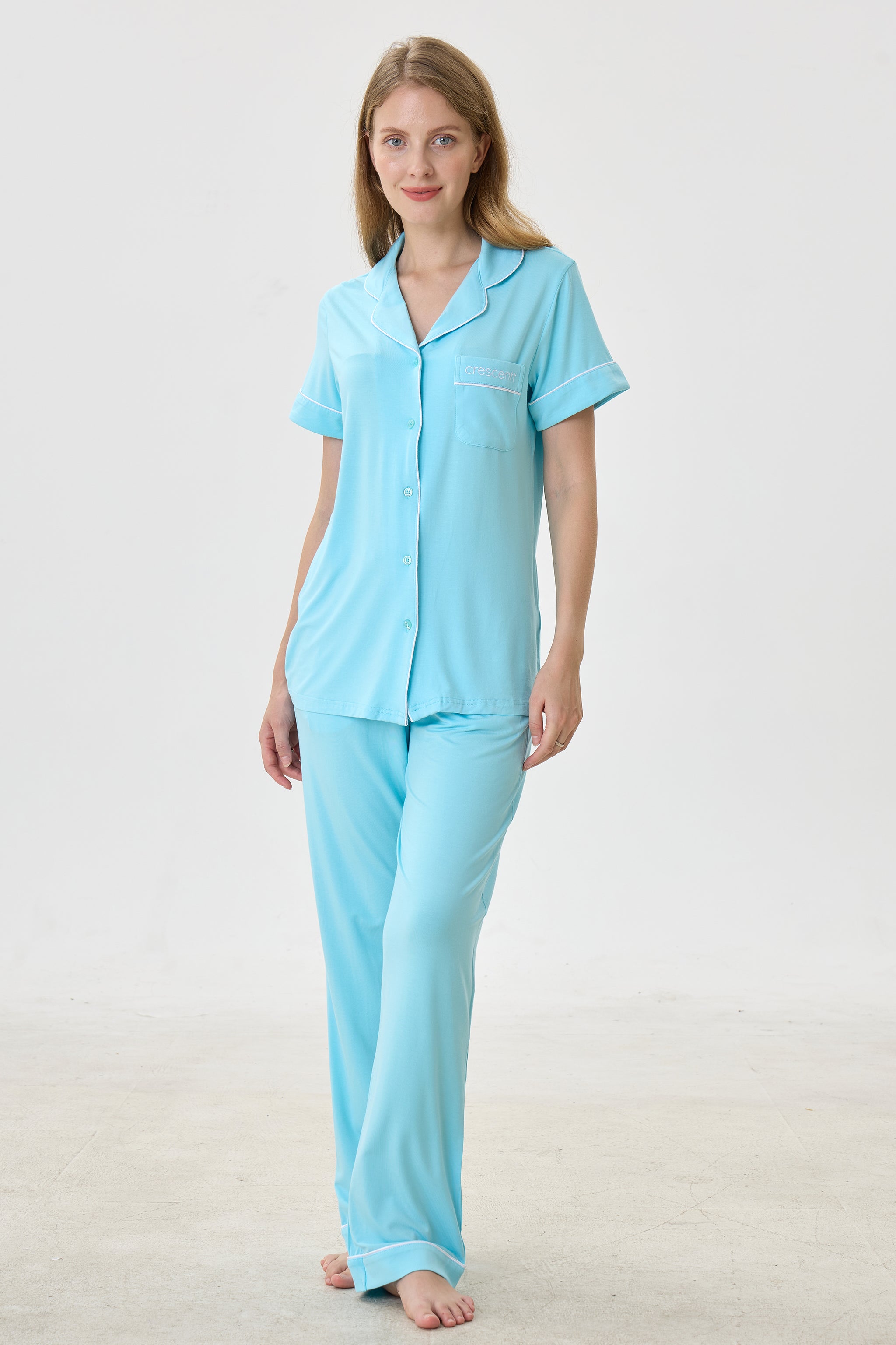 Turquoise Luxe Modal Silk™ Pajama Set – Short Sleeve & Pants - Crescentt