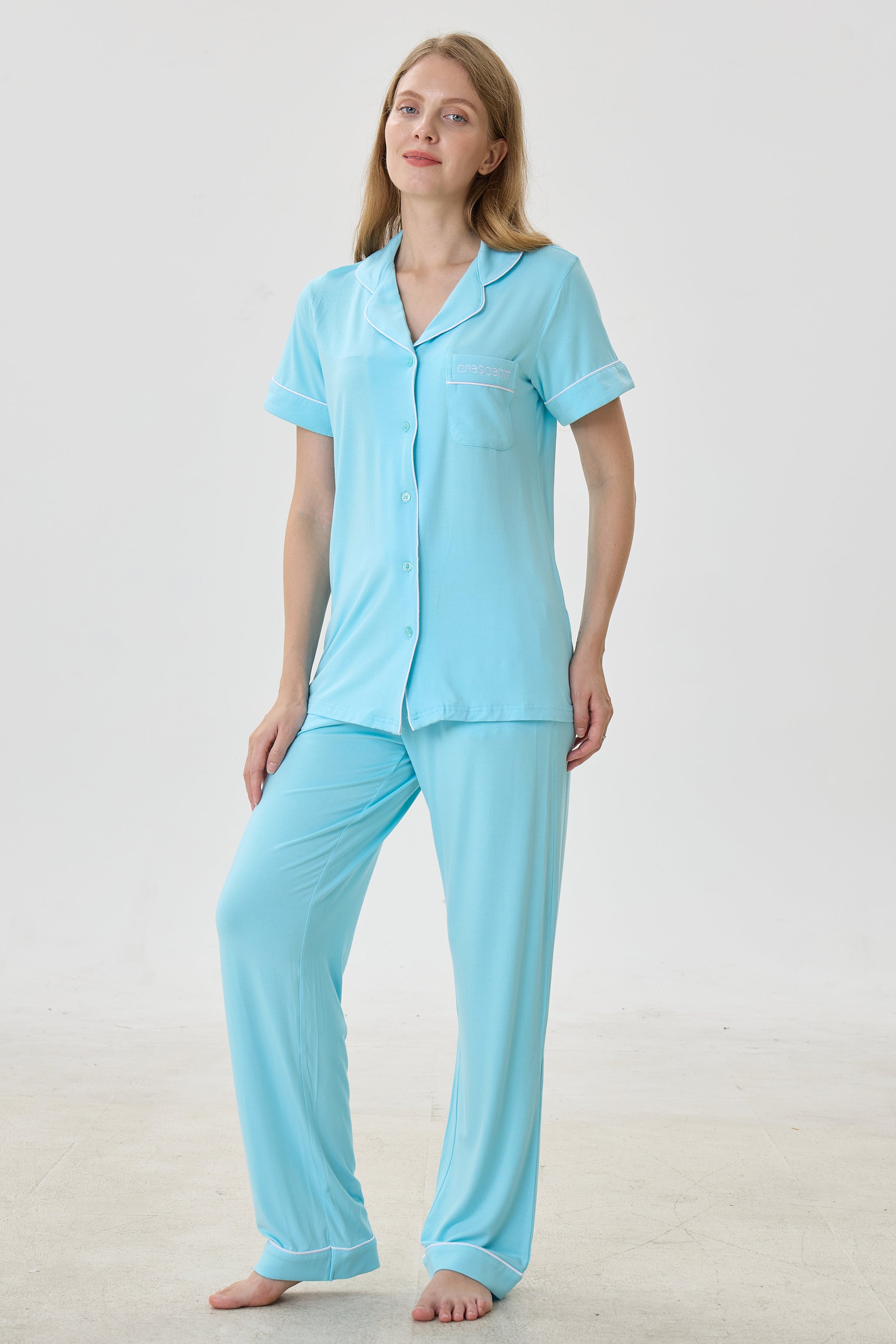 Turquoise Luxe Modal Silk™ Pajama Set – Short Sleeve & Pants - Crescentt