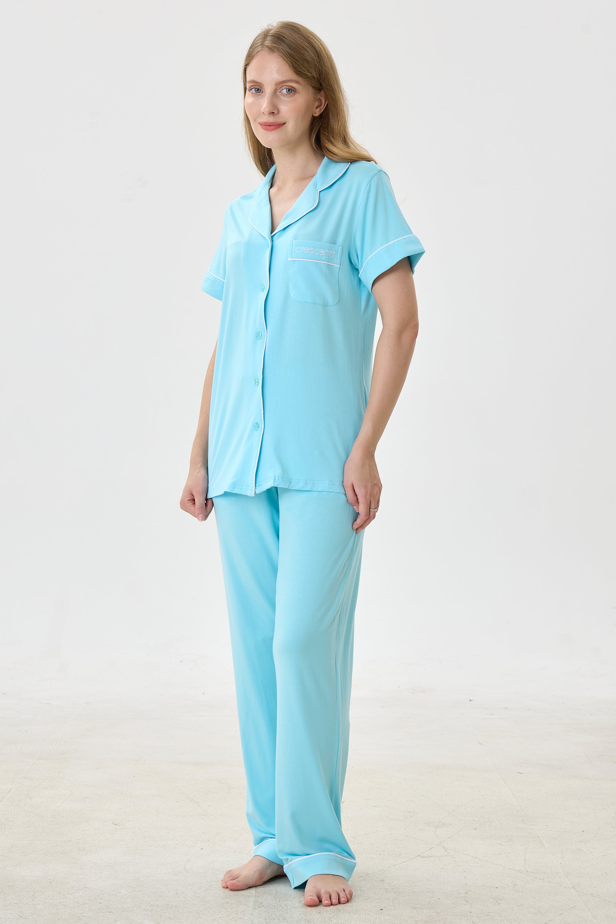 Turquoise Luxe Modal Silk™ Pajama Set – Short Sleeve & Pants - Crescentt