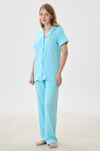Turquoise Luxe Modal Silk™ Pajama Set – Short Sleeve & Pants