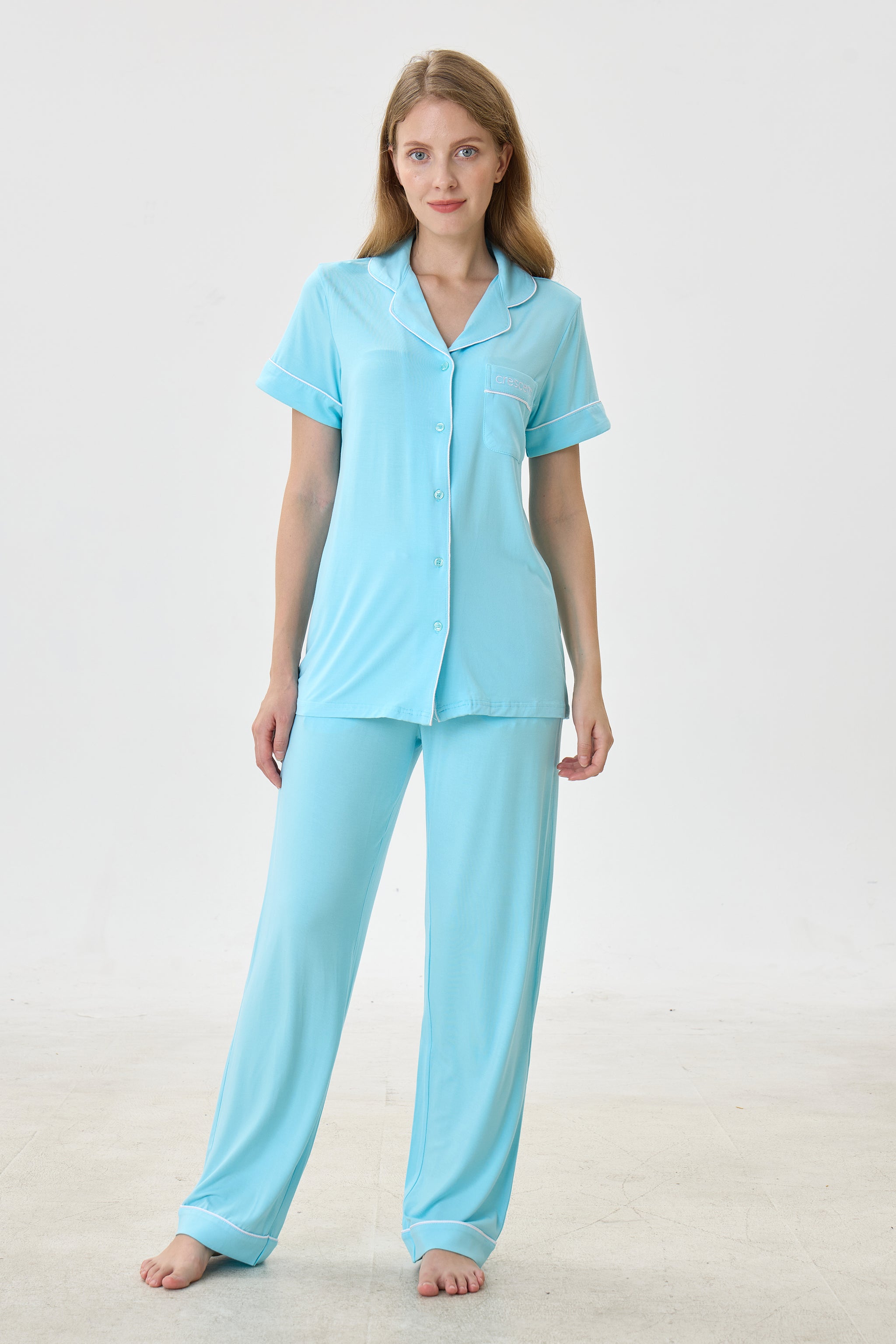 Turquoise Luxe Modal Silk™ Pajama Set – Short Sleeve & Pants - Crescentt